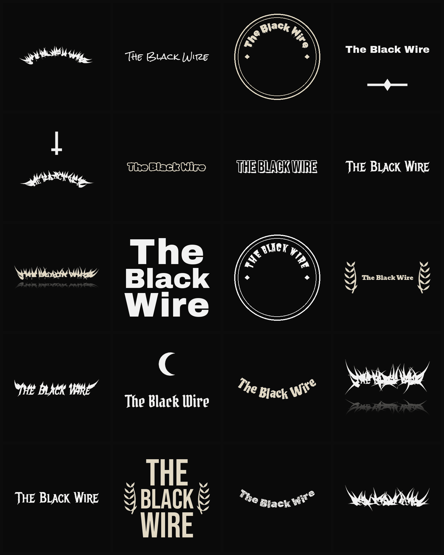Twenty The Black Wire band logo ideas — different faces, treatments and spike settings