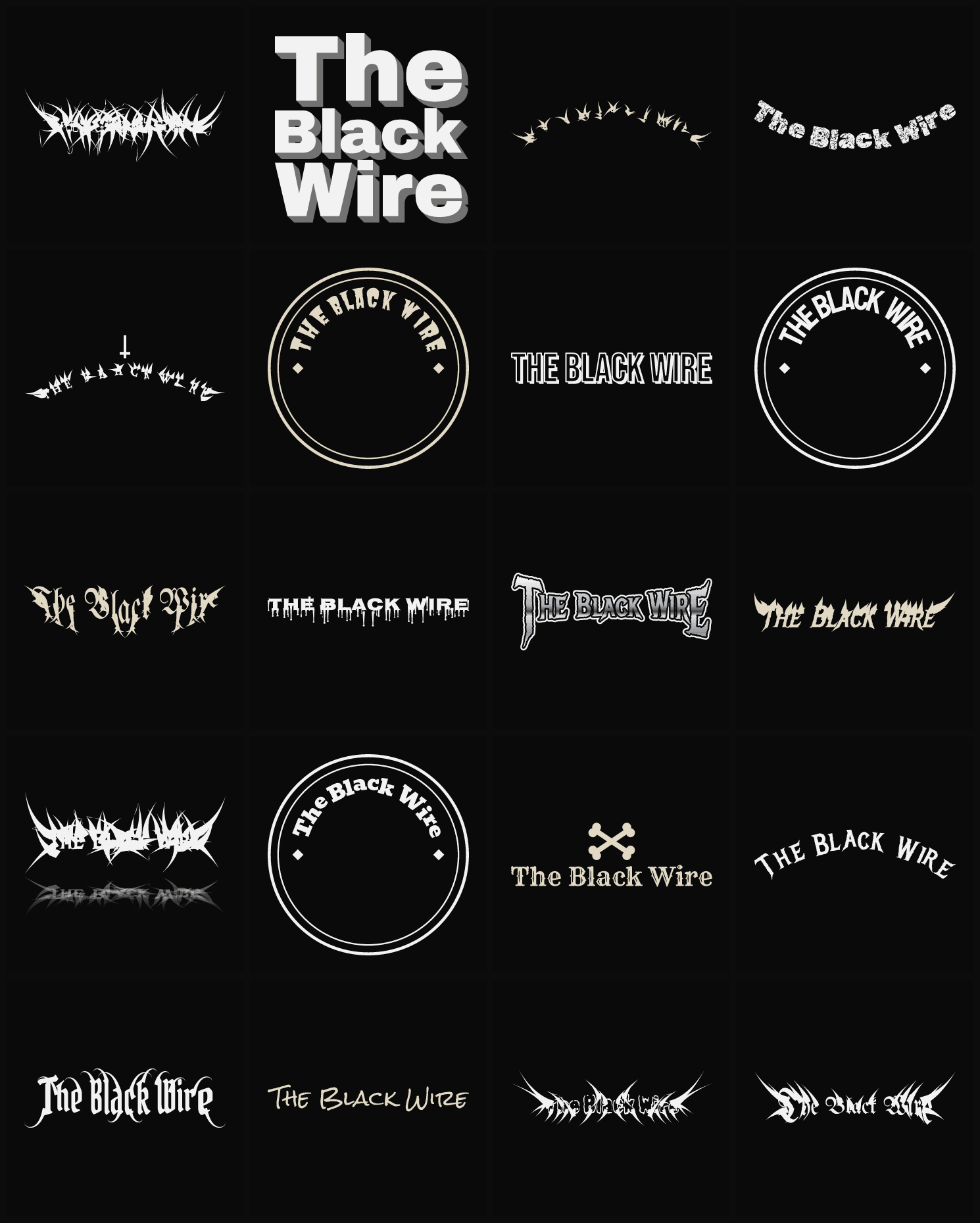 Twenty The Black Wire band logo ideas — different faces, treatments and spike settings