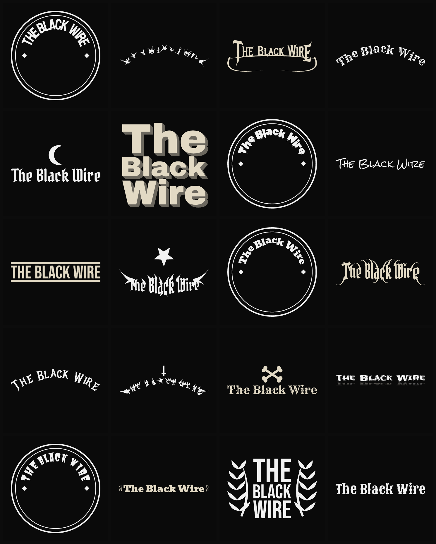Twenty The Black Wire band logo ideas — different faces, treatments and spike settings