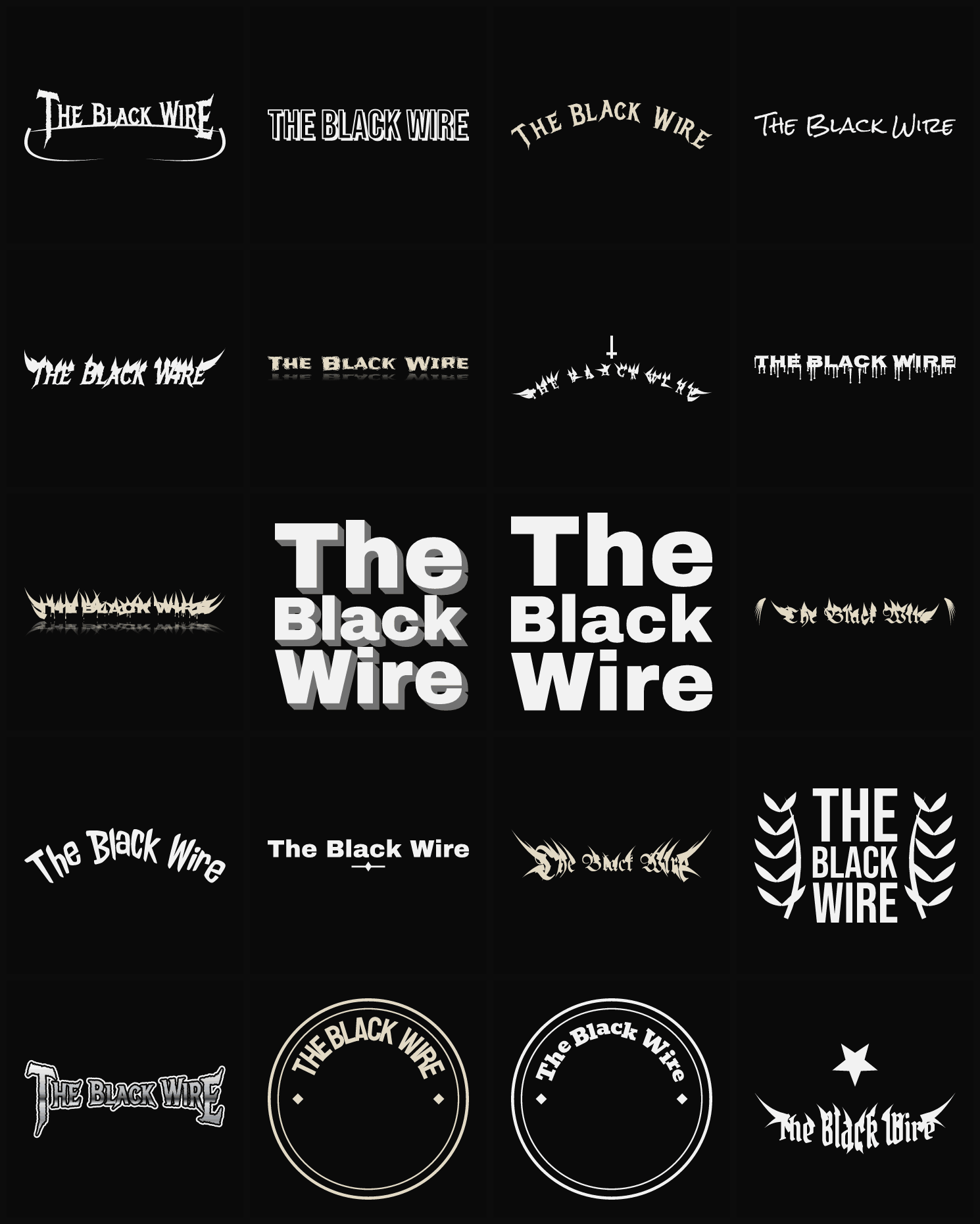Twenty The Black Wire band logo ideas — different faces, treatments and spike settings