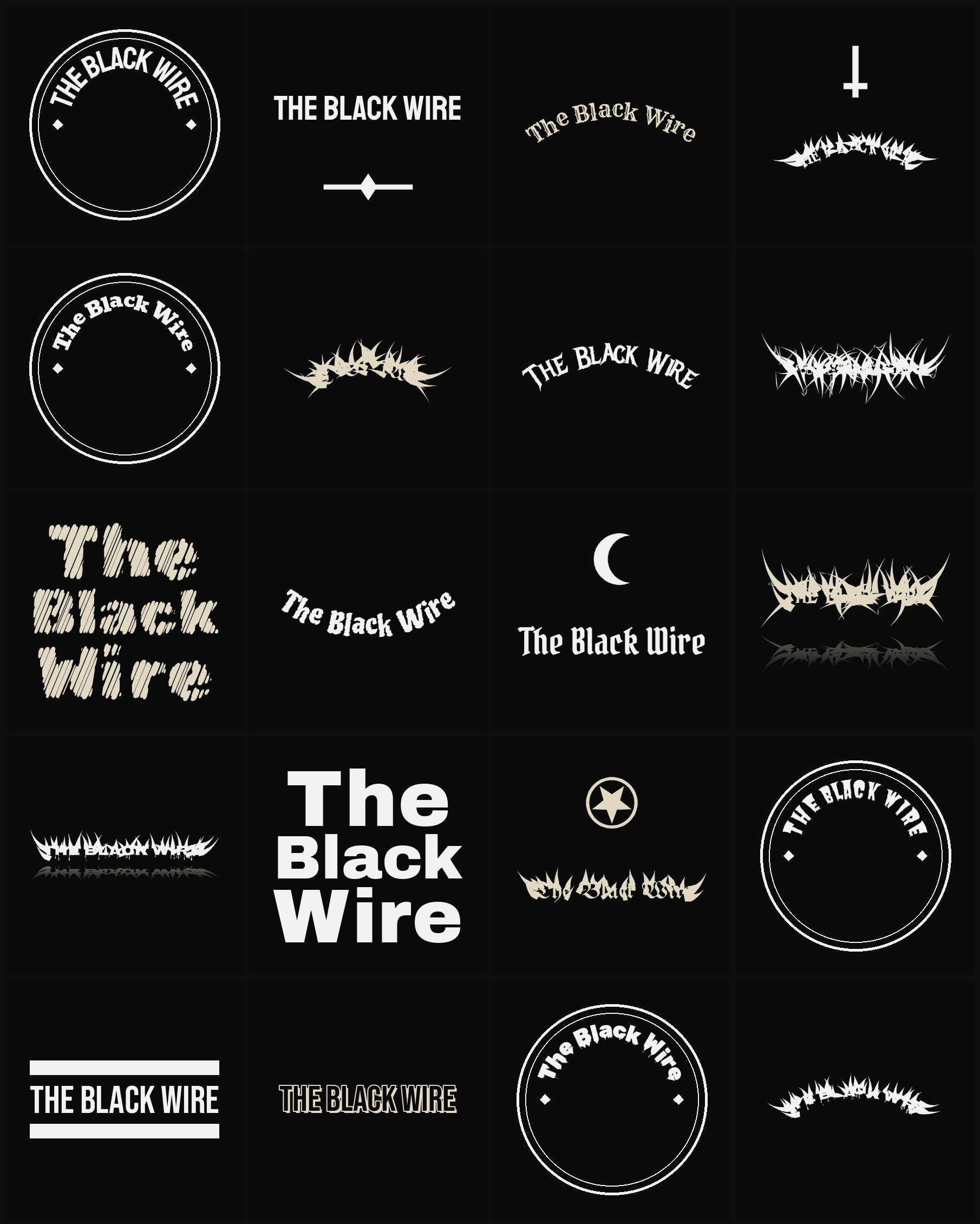 Twenty The Black Wire band logo ideas — different faces, treatments and spike settings