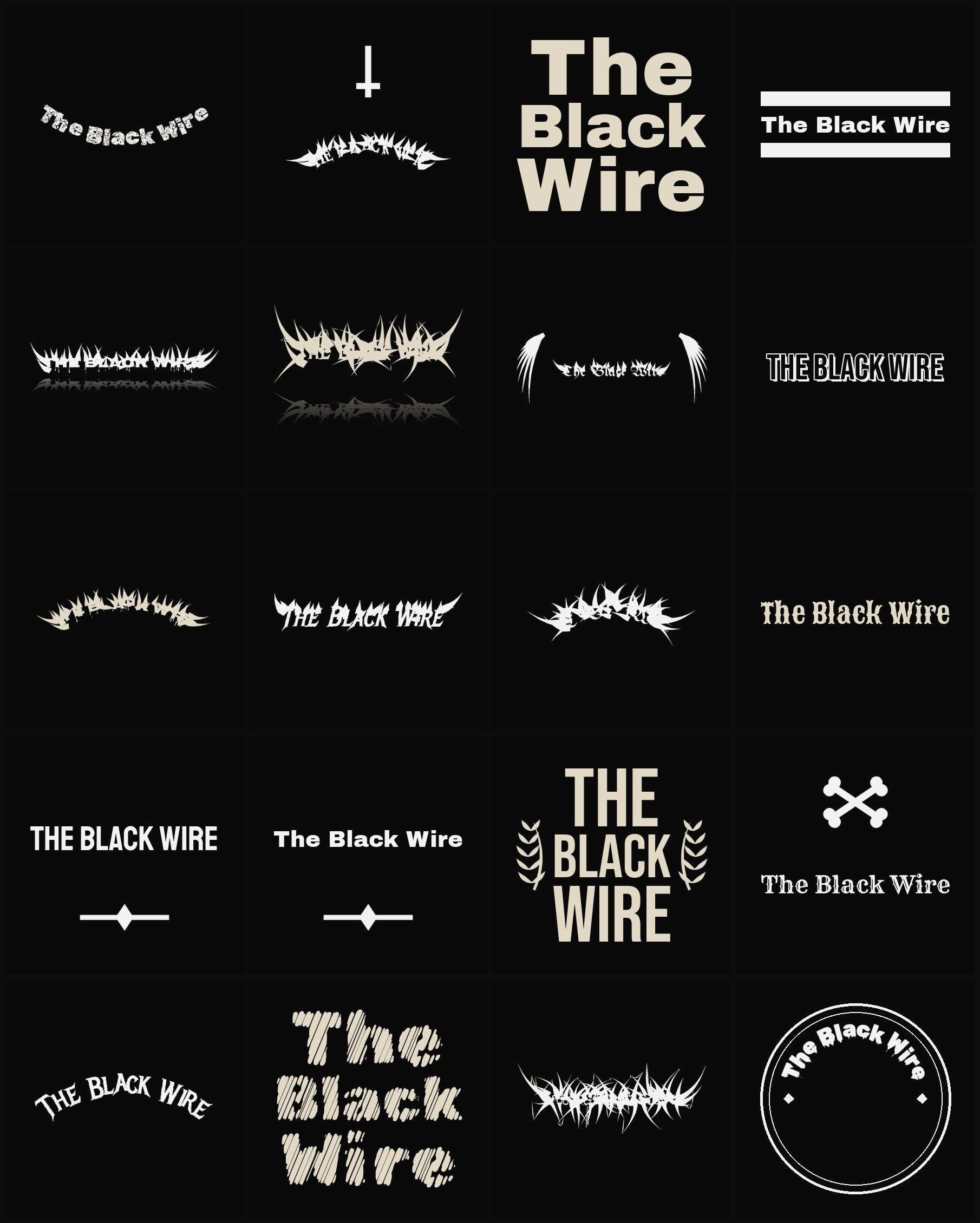 Twenty The Black Wire band logo ideas — different faces, treatments and spike settings