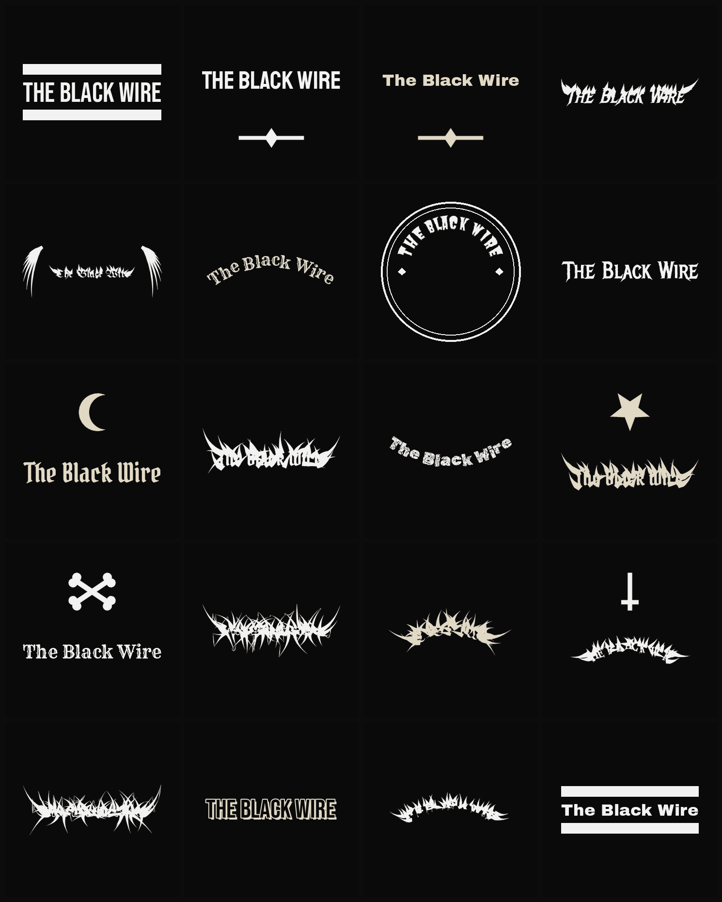 Twenty The Black Wire band logo ideas — different faces, treatments and spike settings