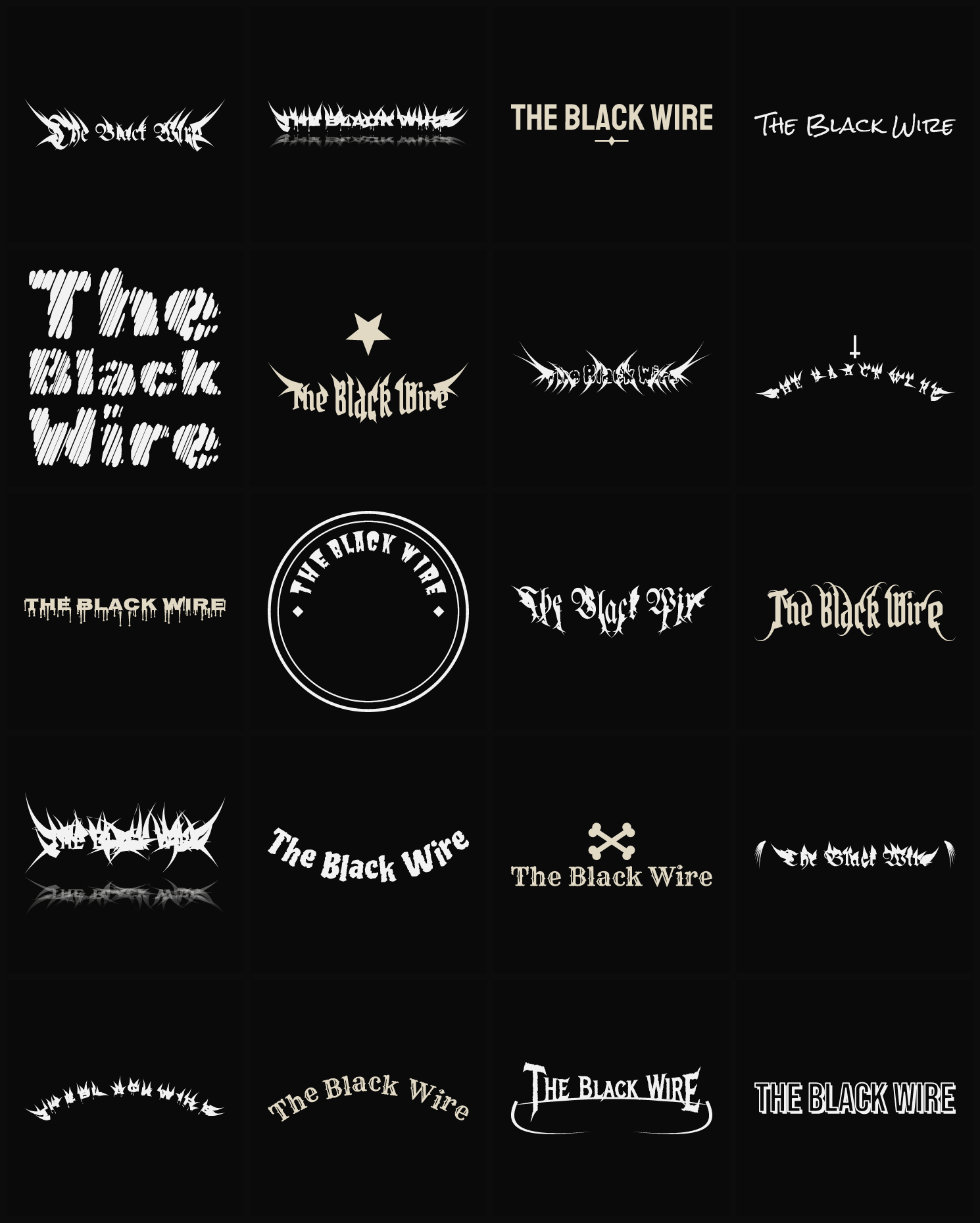 Twenty The Black Wire band logo ideas — different faces, treatments and spike settings