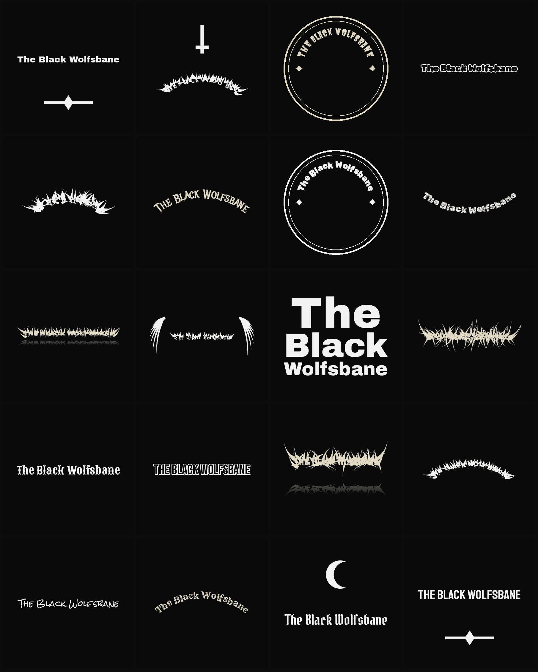 Twenty The Black Wolfsbane band logo ideas — different faces, treatments and spike settings