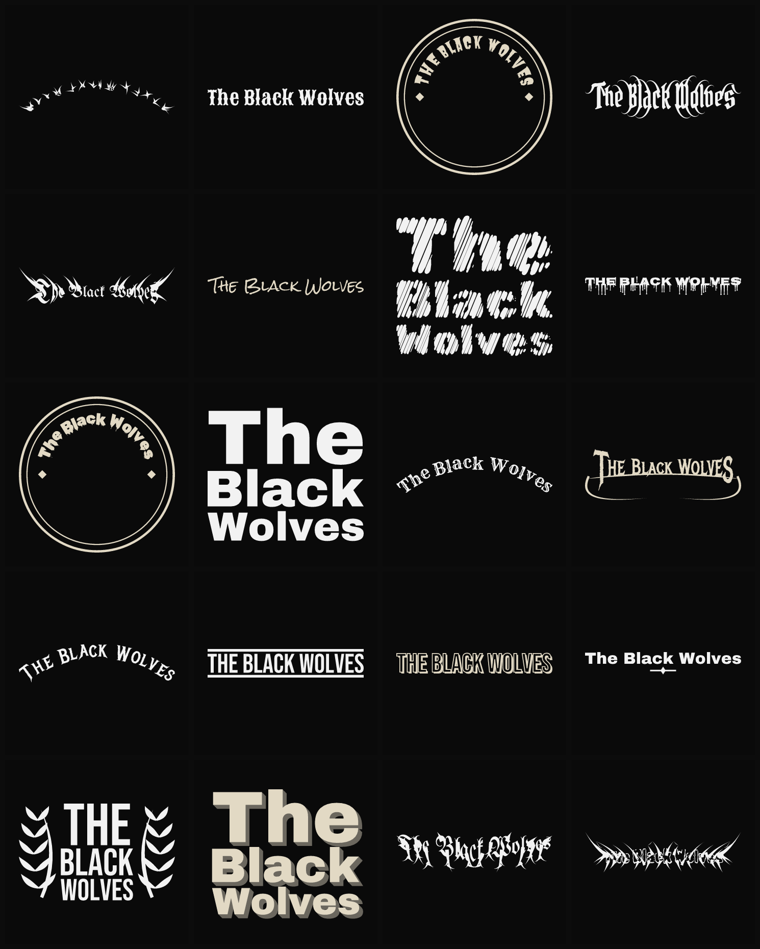 Twenty The Black Wolves band logo ideas — different faces, treatments and spike settings