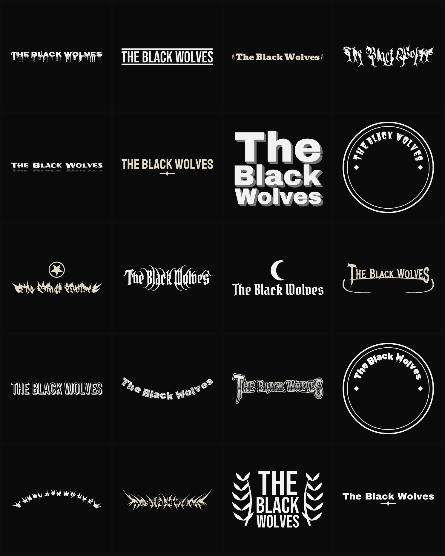 Twenty The Black Wolves band logo ideas — different faces, treatments and spike settings