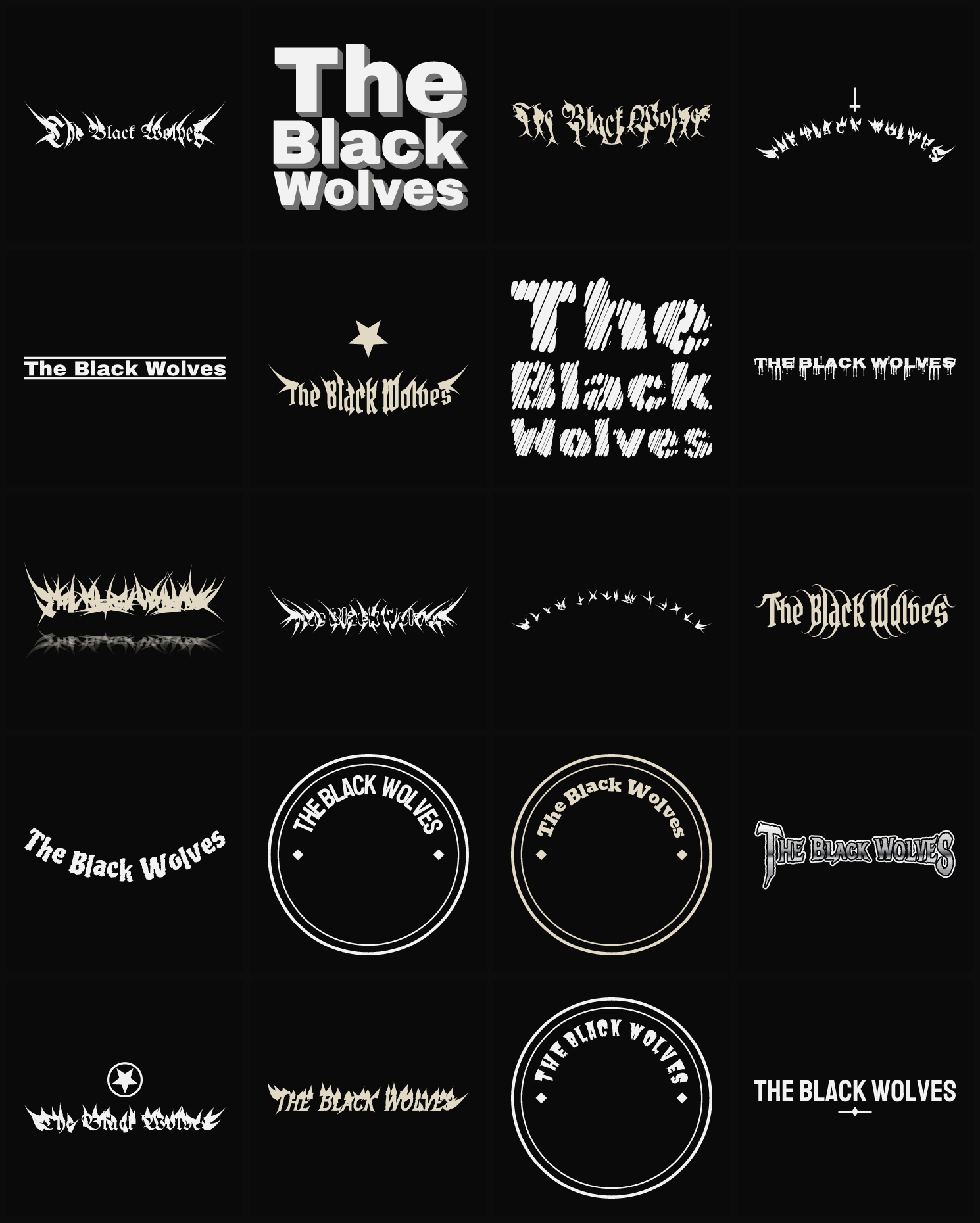 Twenty The Black Wolves band logo ideas — different faces, treatments and spike settings