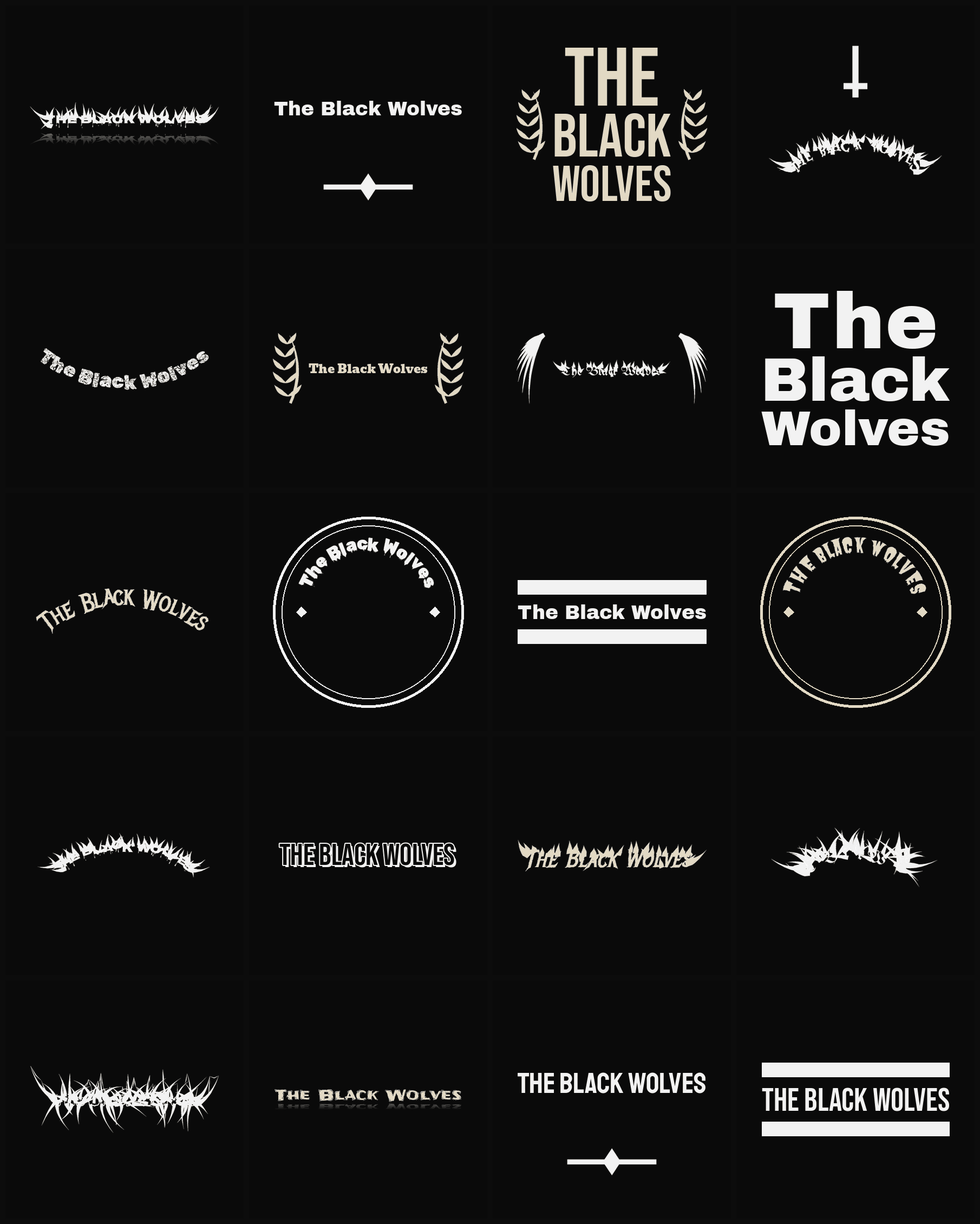 Twenty The Black Wolves band logo ideas — different faces, treatments and spike settings