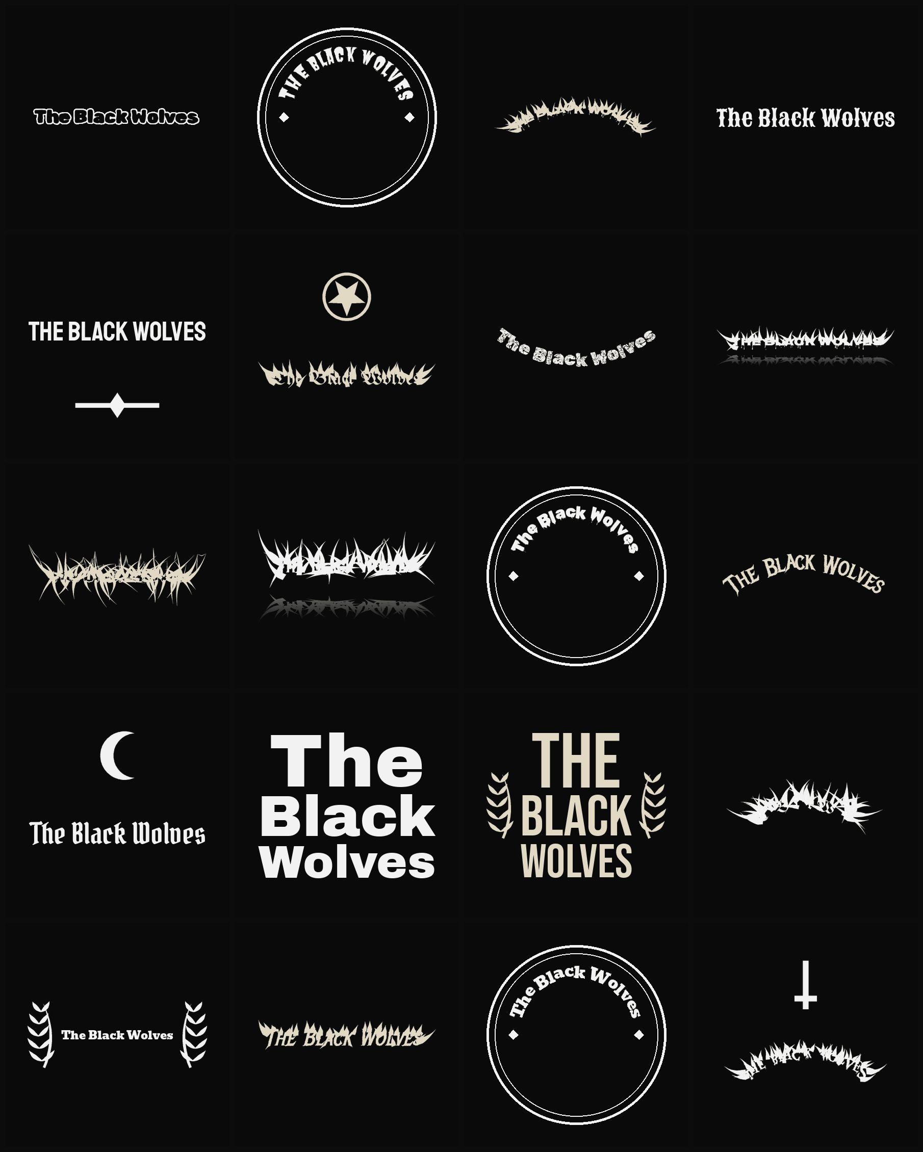 Twenty The Black Wolves band logo ideas — different faces, treatments and spike settings