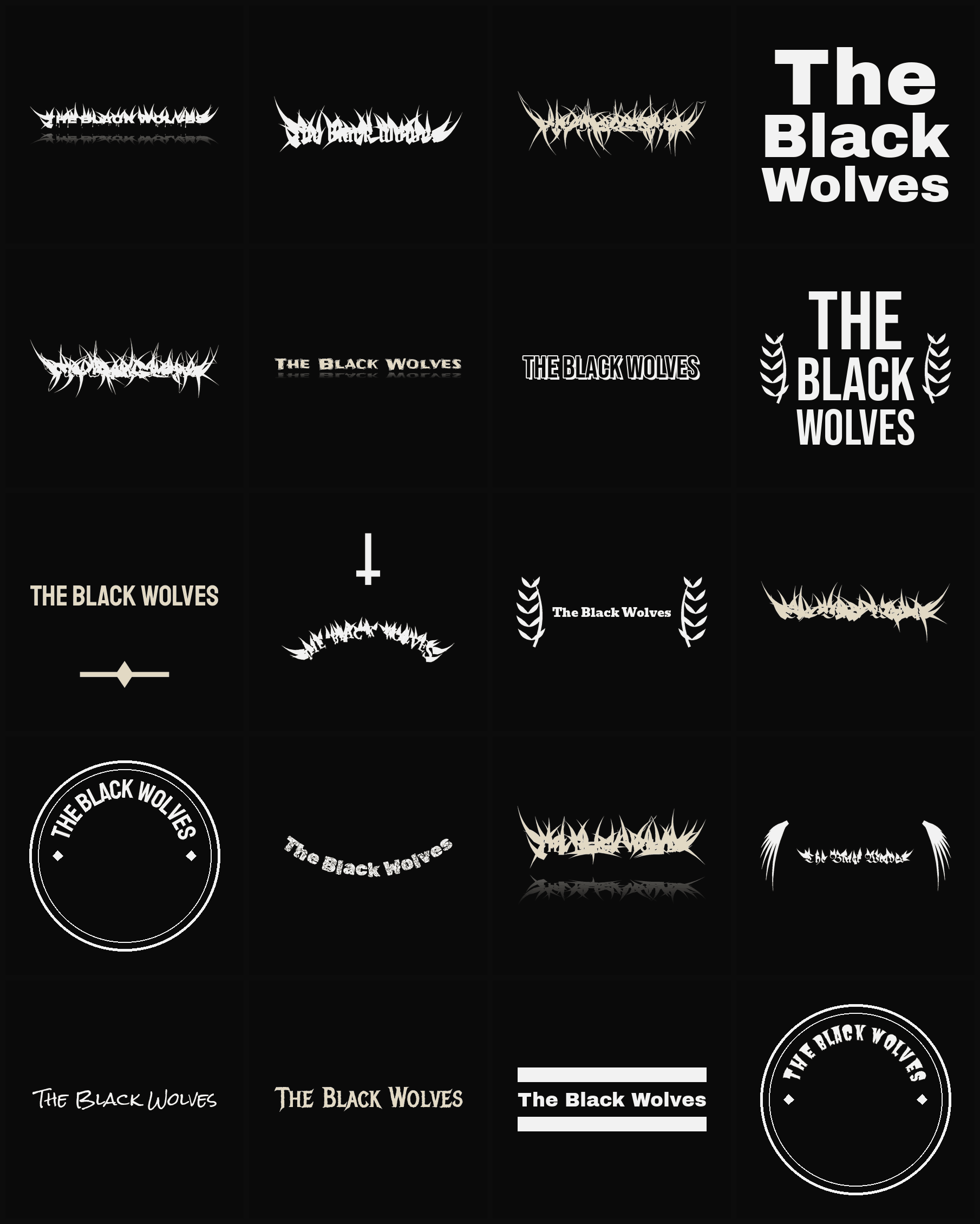 Twenty The Black Wolves band logo ideas — different faces, treatments and spike settings