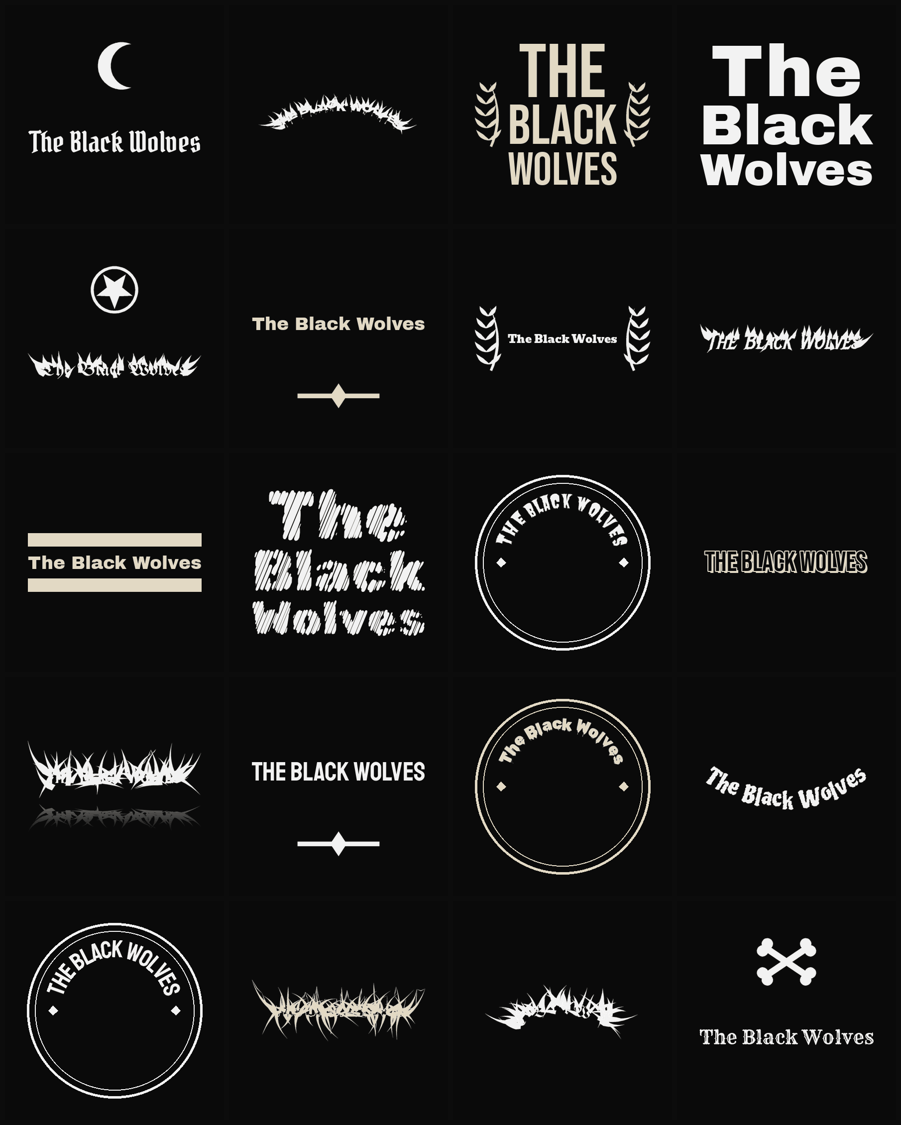 Twenty The Black Wolves band logo ideas — different faces, treatments and spike settings