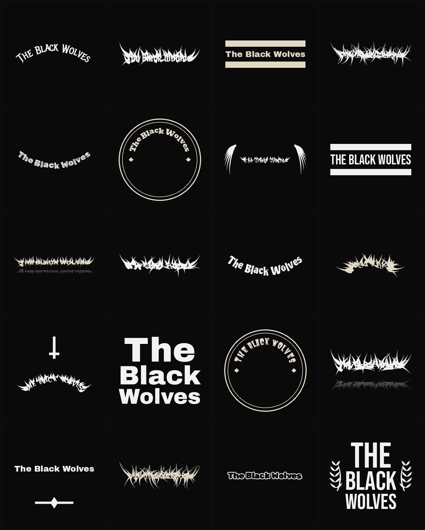 Twenty The Black Wolves band logo ideas — different faces, treatments and spike settings