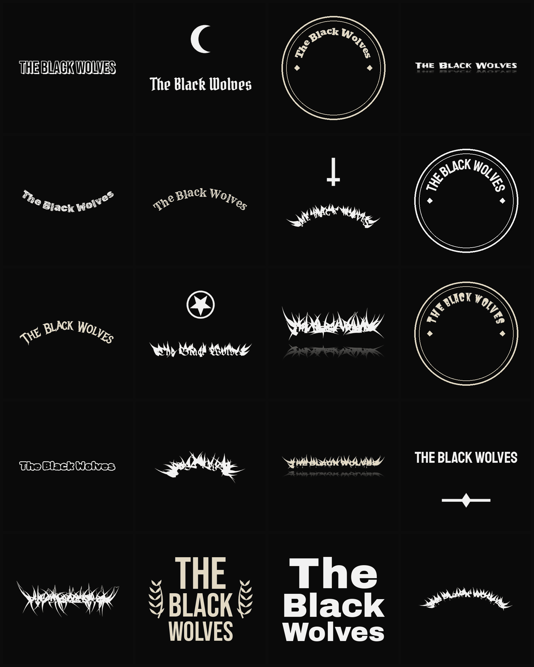 Twenty The Black Wolves band logo ideas — different faces, treatments and spike settings