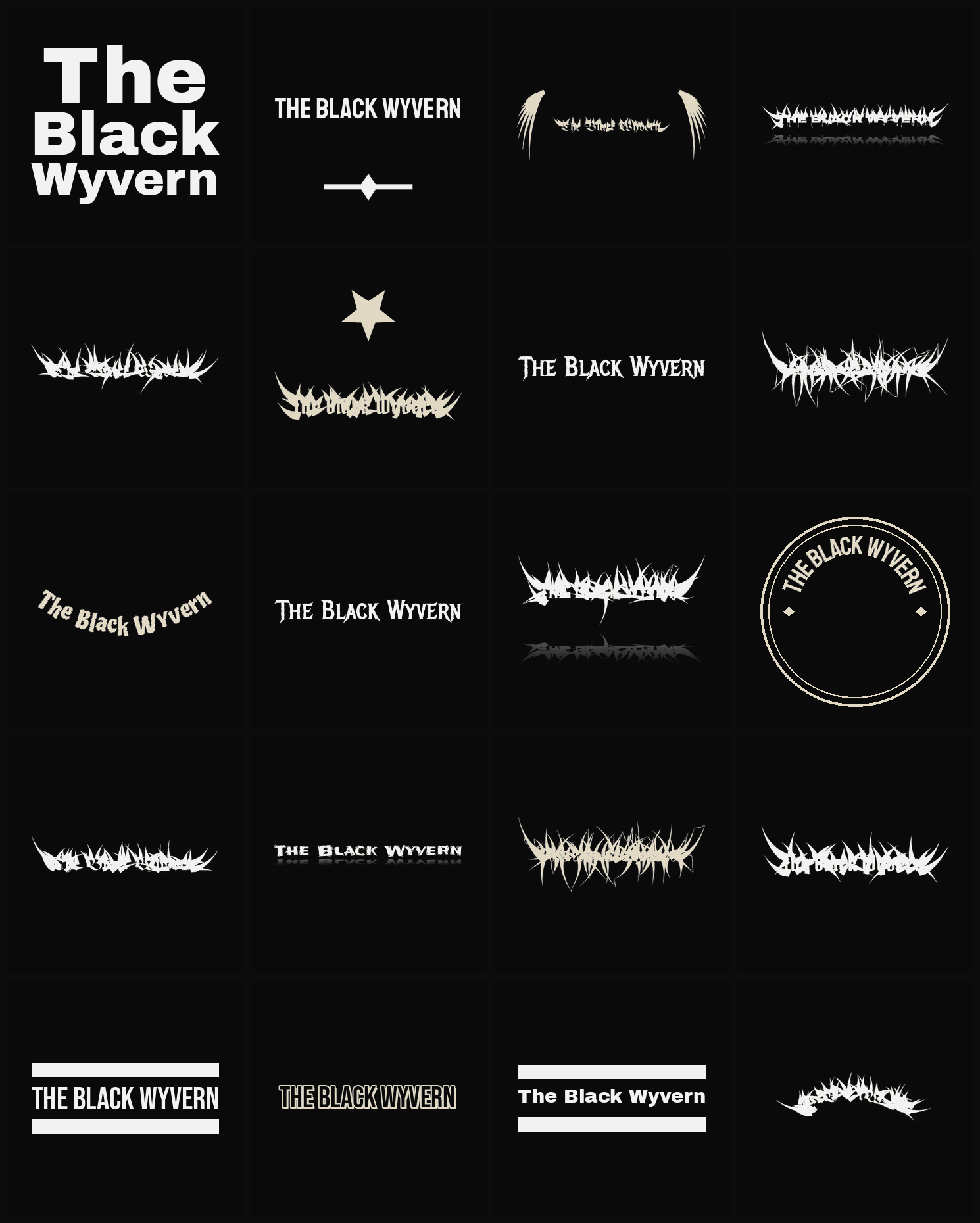 Twenty The Black Wyvern band logo ideas — different faces, treatments and spike settings