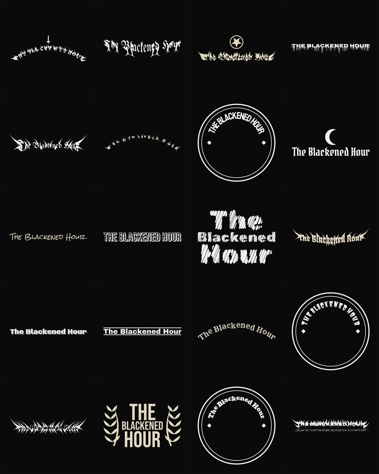 Twenty The Blackened Hour band logo ideas — different faces, treatments and spike settings