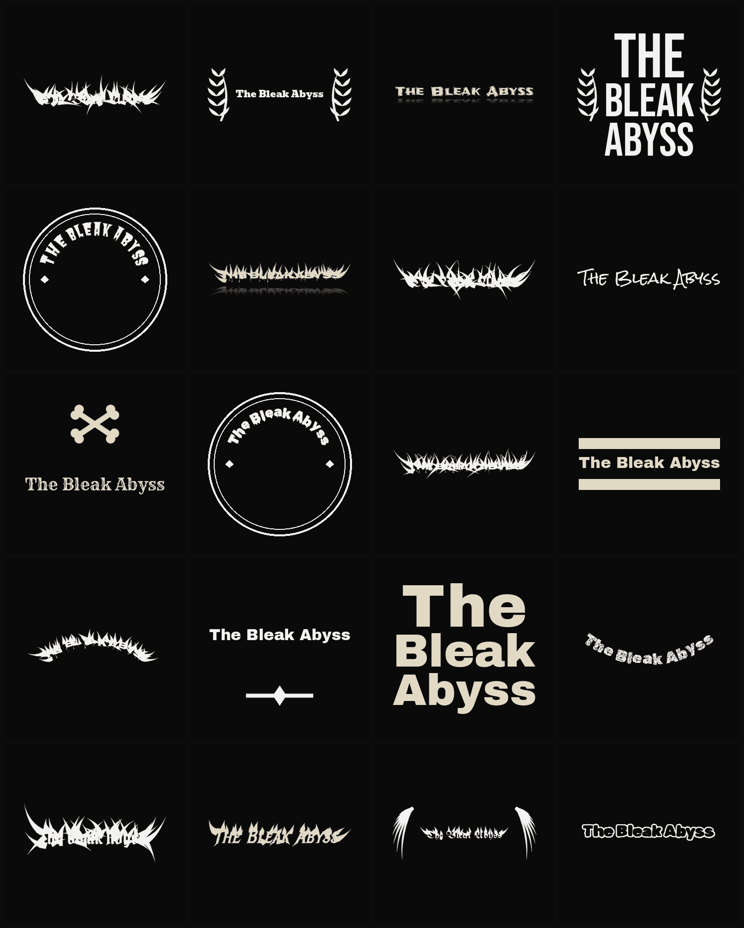 Twenty The Bleak Abyss band logo ideas — different faces, treatments and spike settings