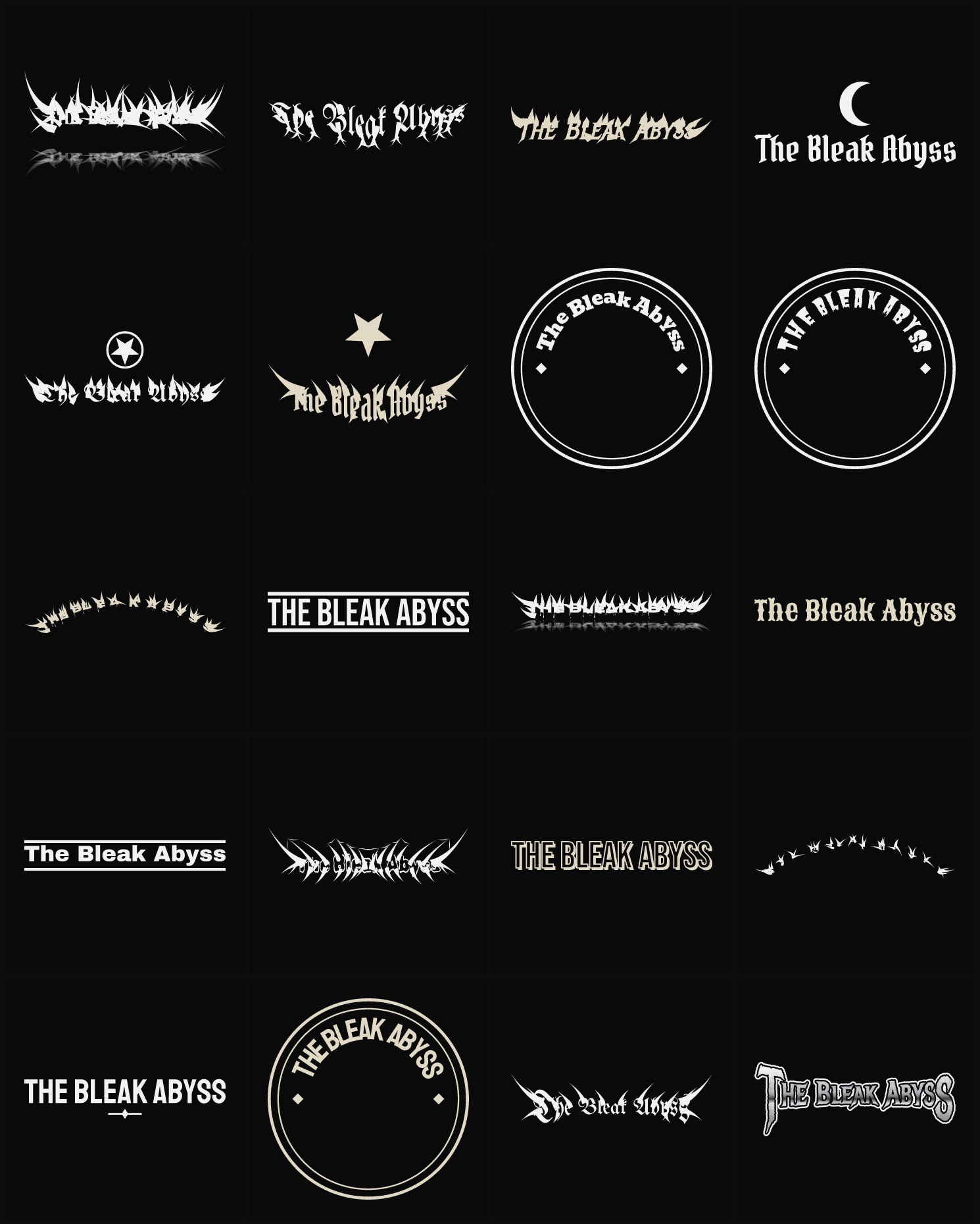 Twenty The Bleak Abyss band logo ideas — different faces, treatments and spike settings