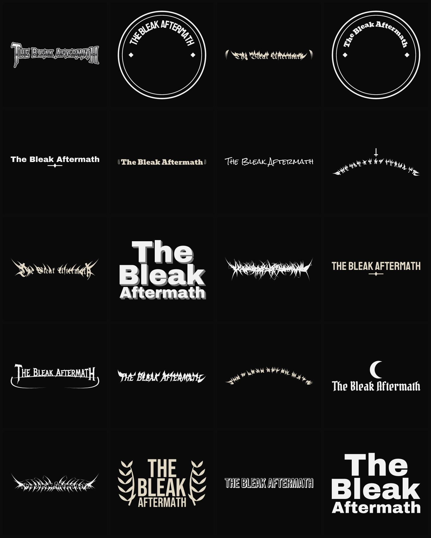 Twenty The Bleak Aftermath band logo ideas — different faces, treatments and spike settings