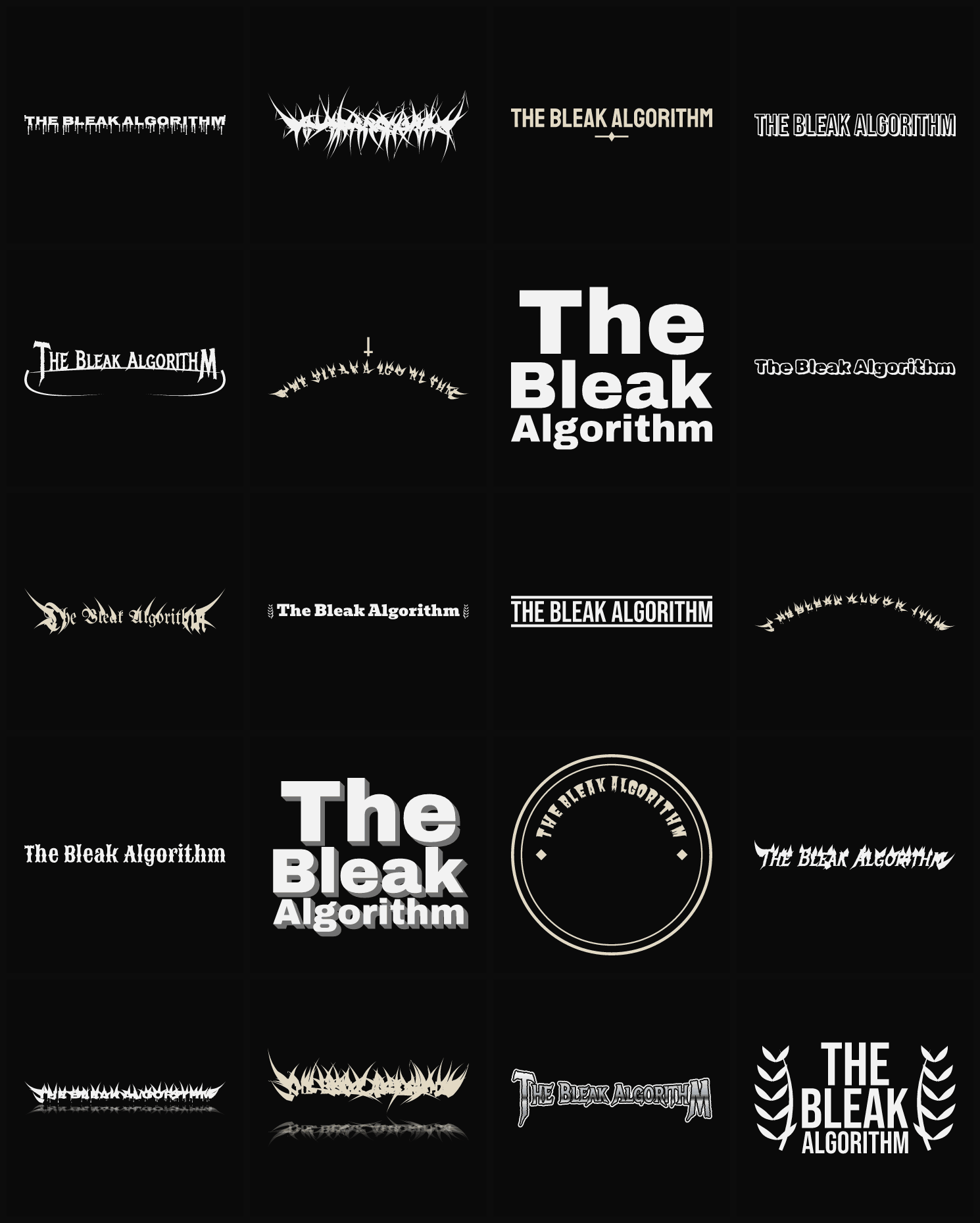 Twenty The Bleak Algorithm band logo ideas — different faces, treatments and spike settings