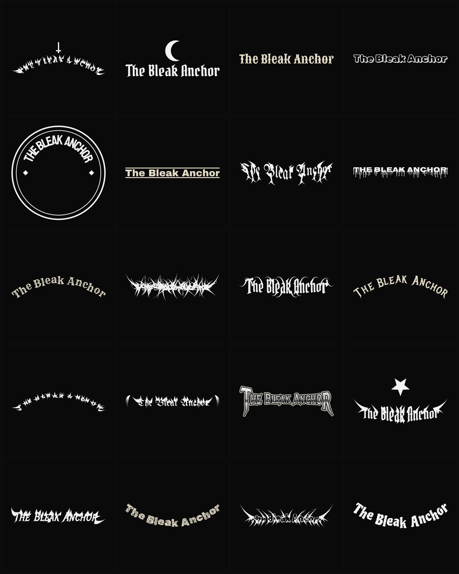 Twenty The Bleak Anchor band logo ideas — different faces, treatments and spike settings