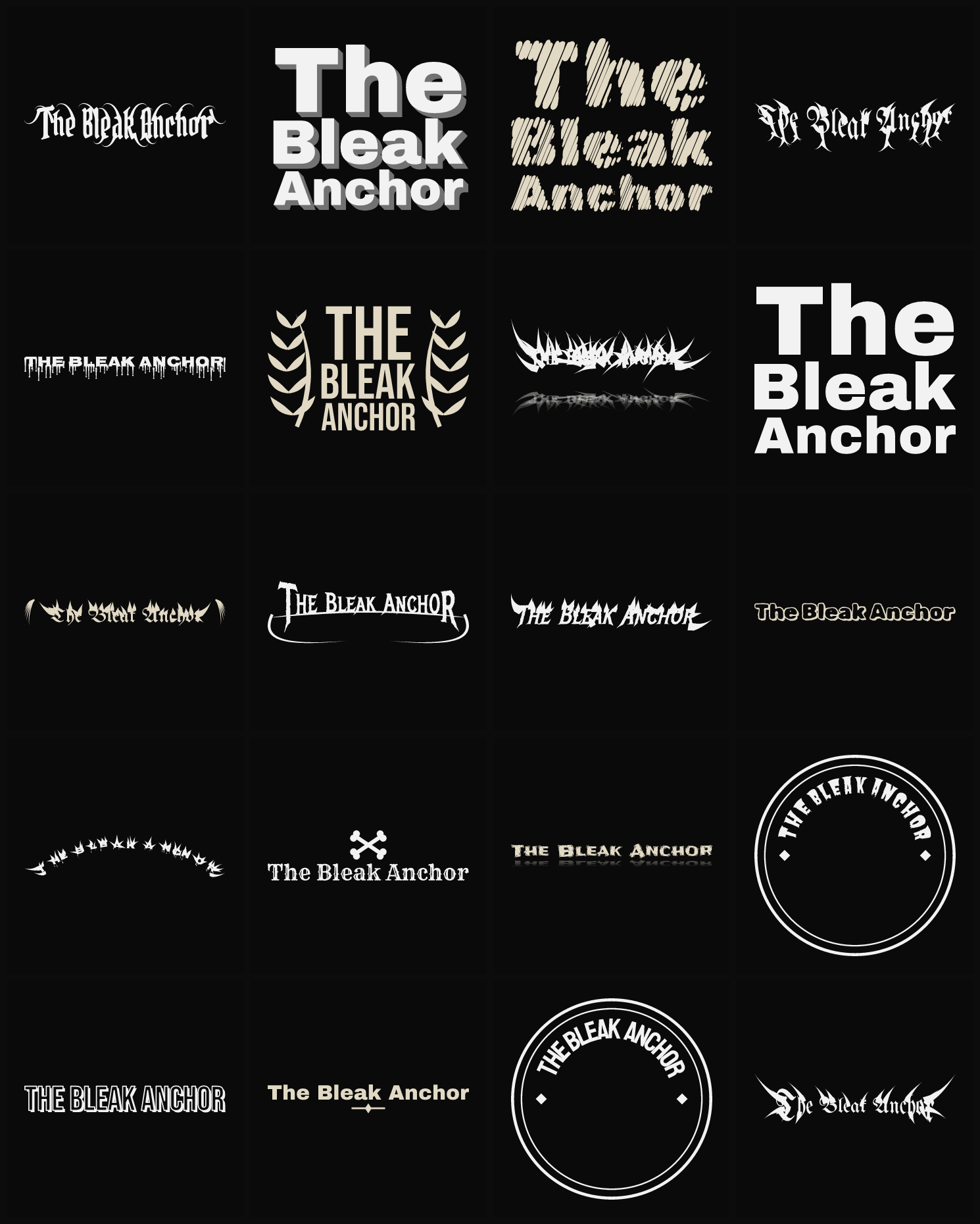 Twenty The Bleak Anchor band logo ideas — different faces, treatments and spike settings