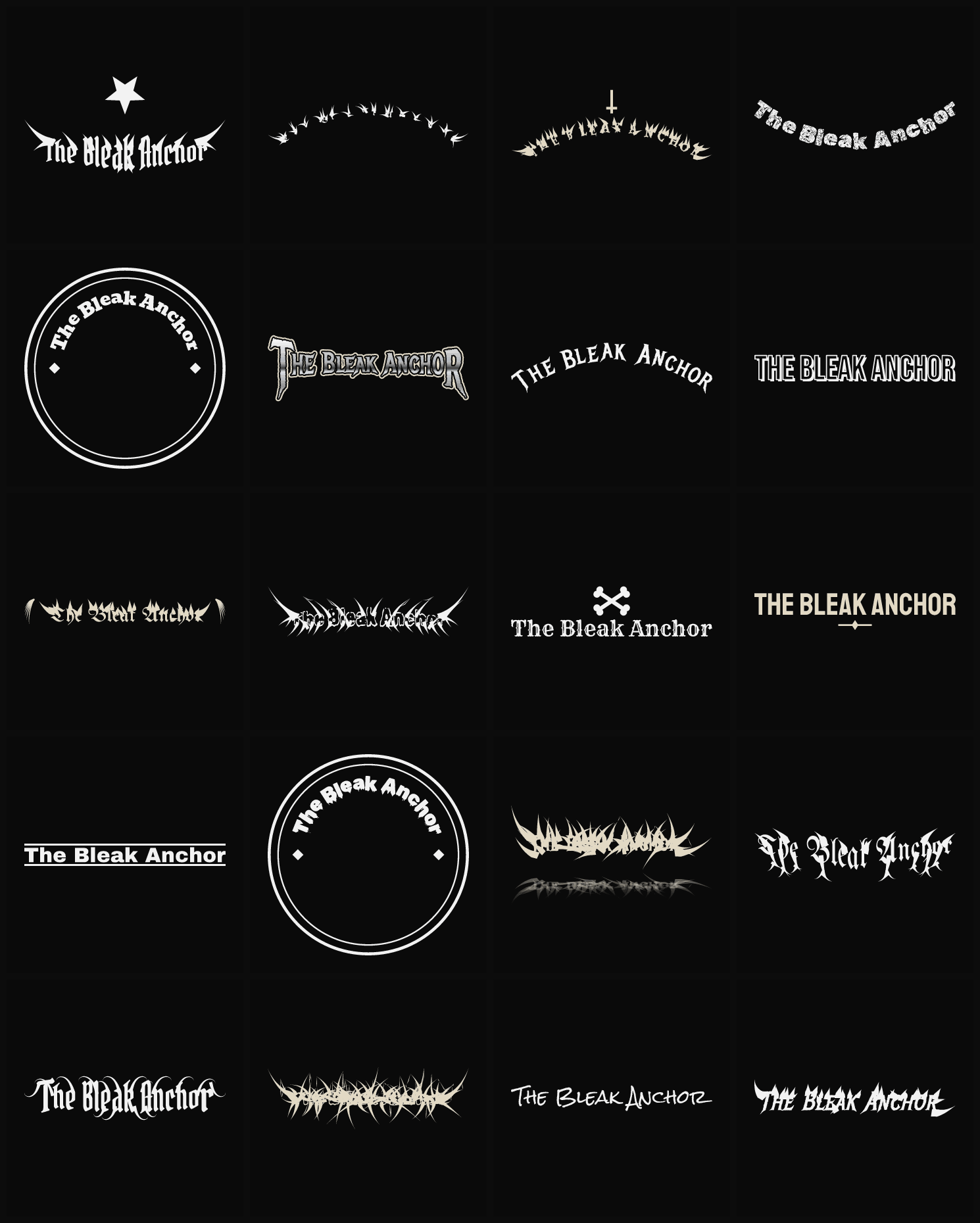 Twenty The Bleak Anchor band logo ideas — different faces, treatments and spike settings