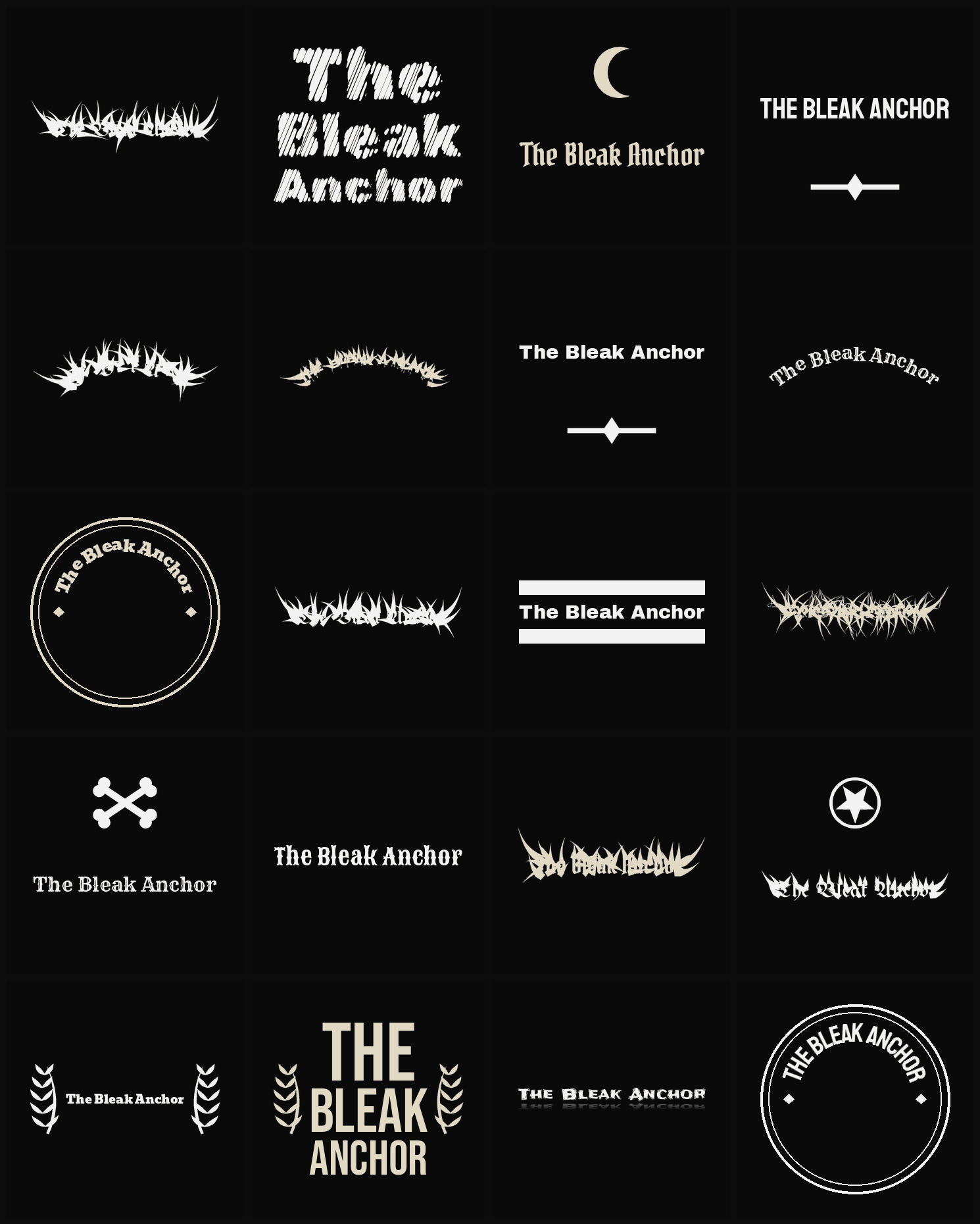 Twenty The Bleak Anchor band logo ideas — different faces, treatments and spike settings