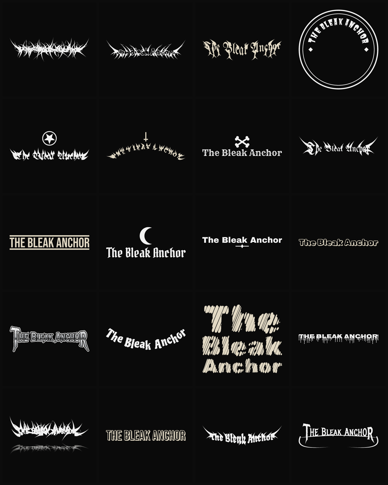 Twenty The Bleak Anchor band logo ideas — different faces, treatments and spike settings