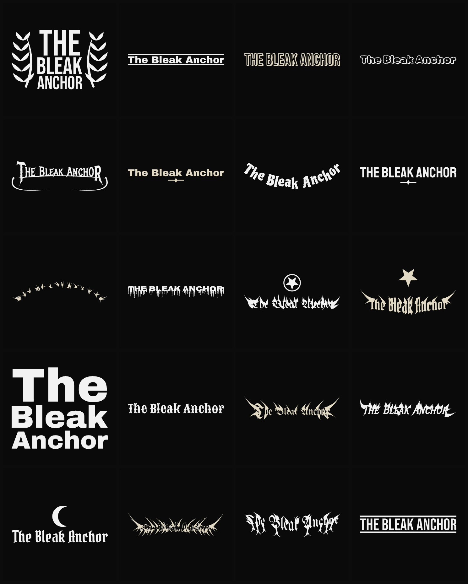 Twenty The Bleak Anchor band logo ideas — different faces, treatments and spike settings