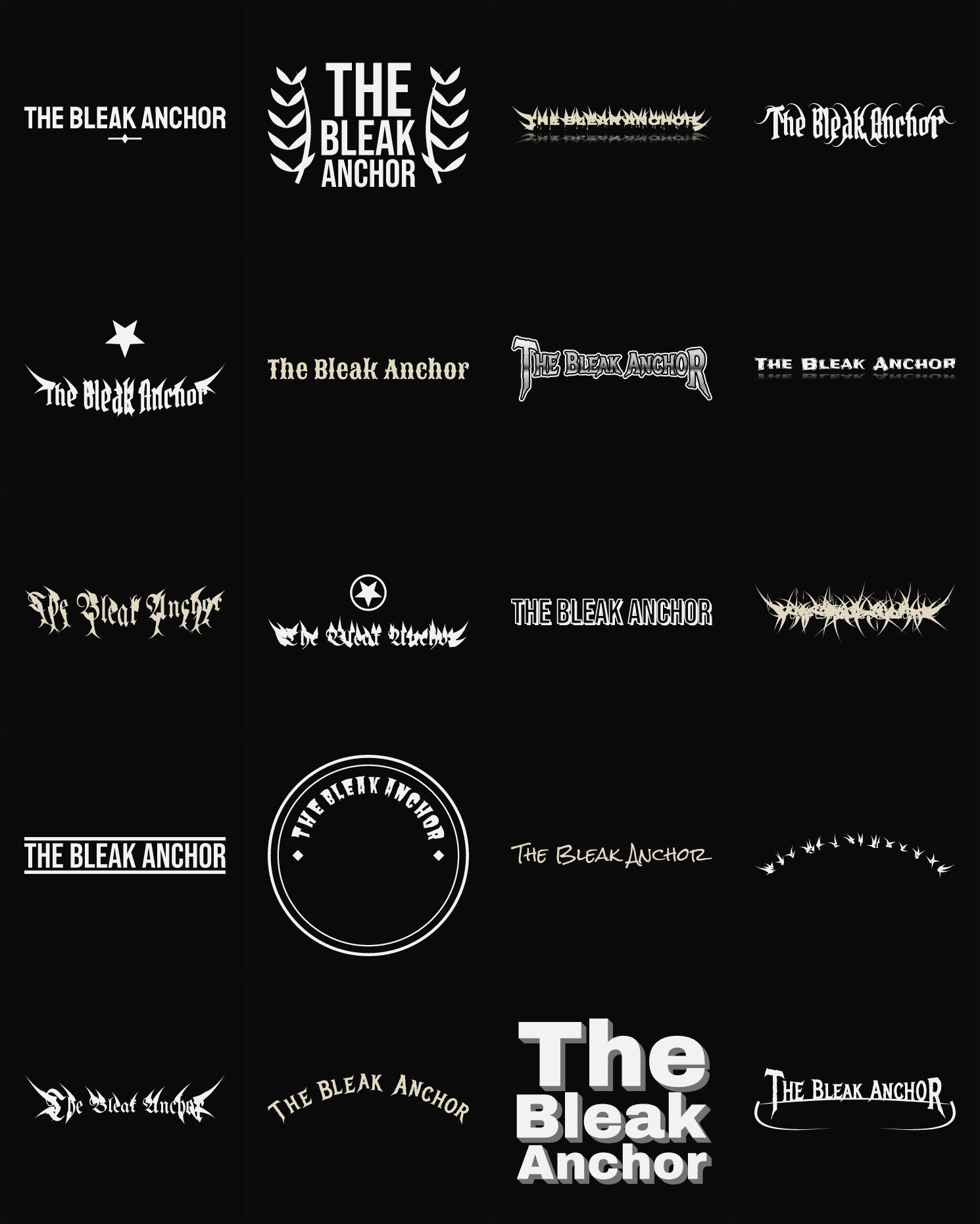 Twenty The Bleak Anchor band logo ideas — different faces, treatments and spike settings