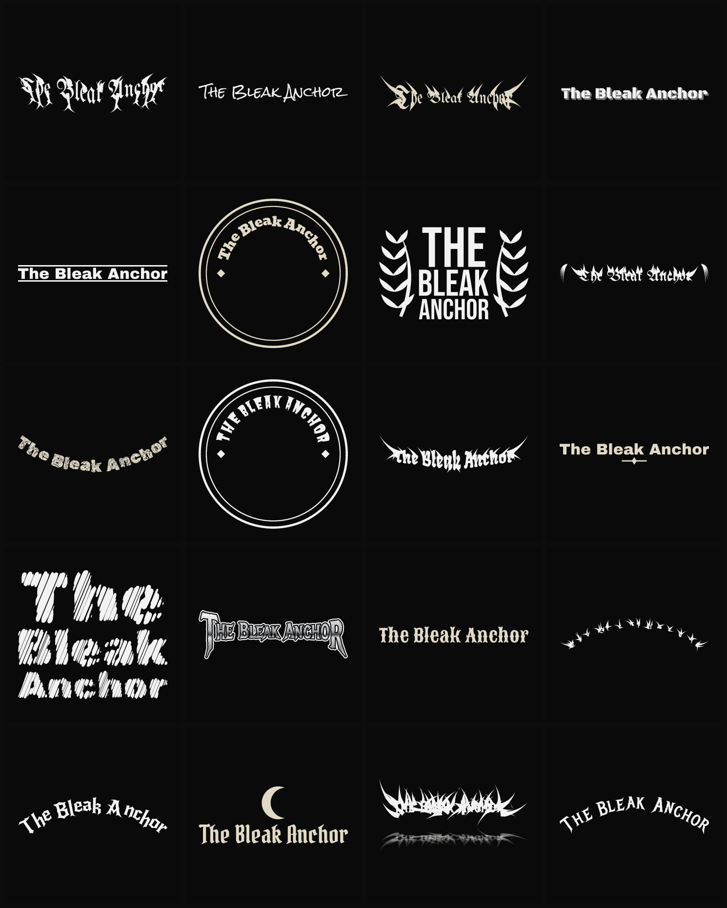 Twenty The Bleak Anchor band logo ideas — different faces, treatments and spike settings
