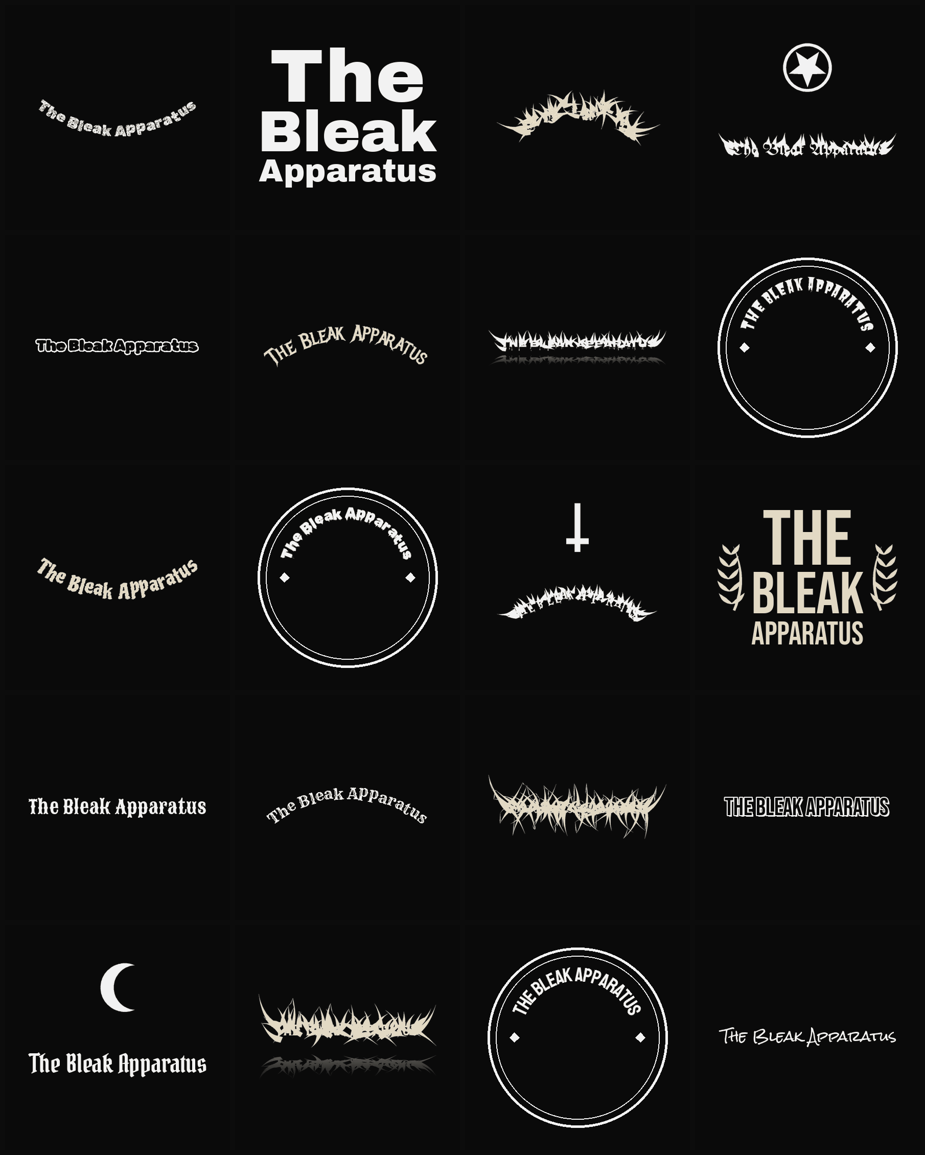 Twenty The Bleak Apparatus band logo ideas — different faces, treatments and spike settings