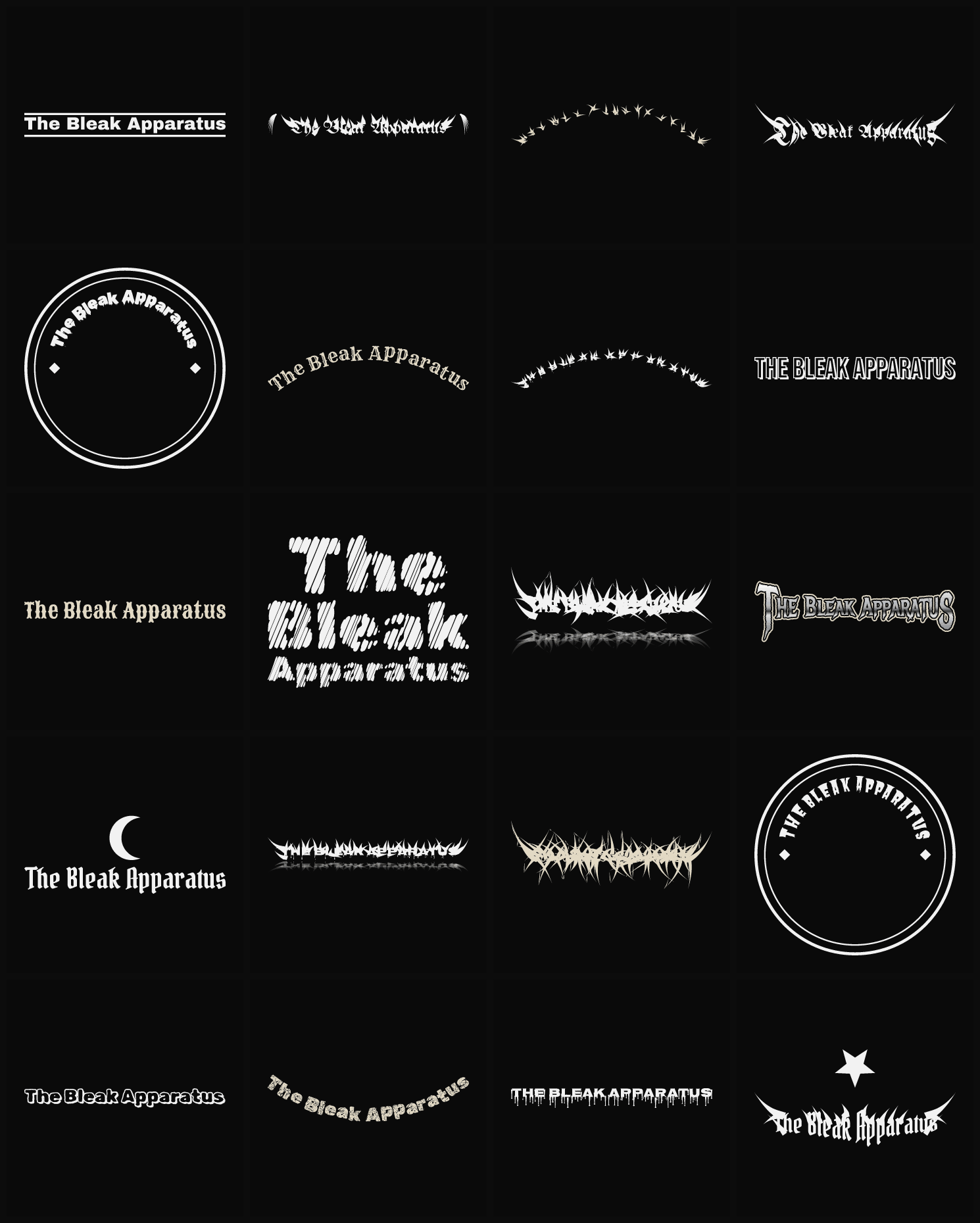 Twenty The Bleak Apparatus band logo ideas — different faces, treatments and spike settings