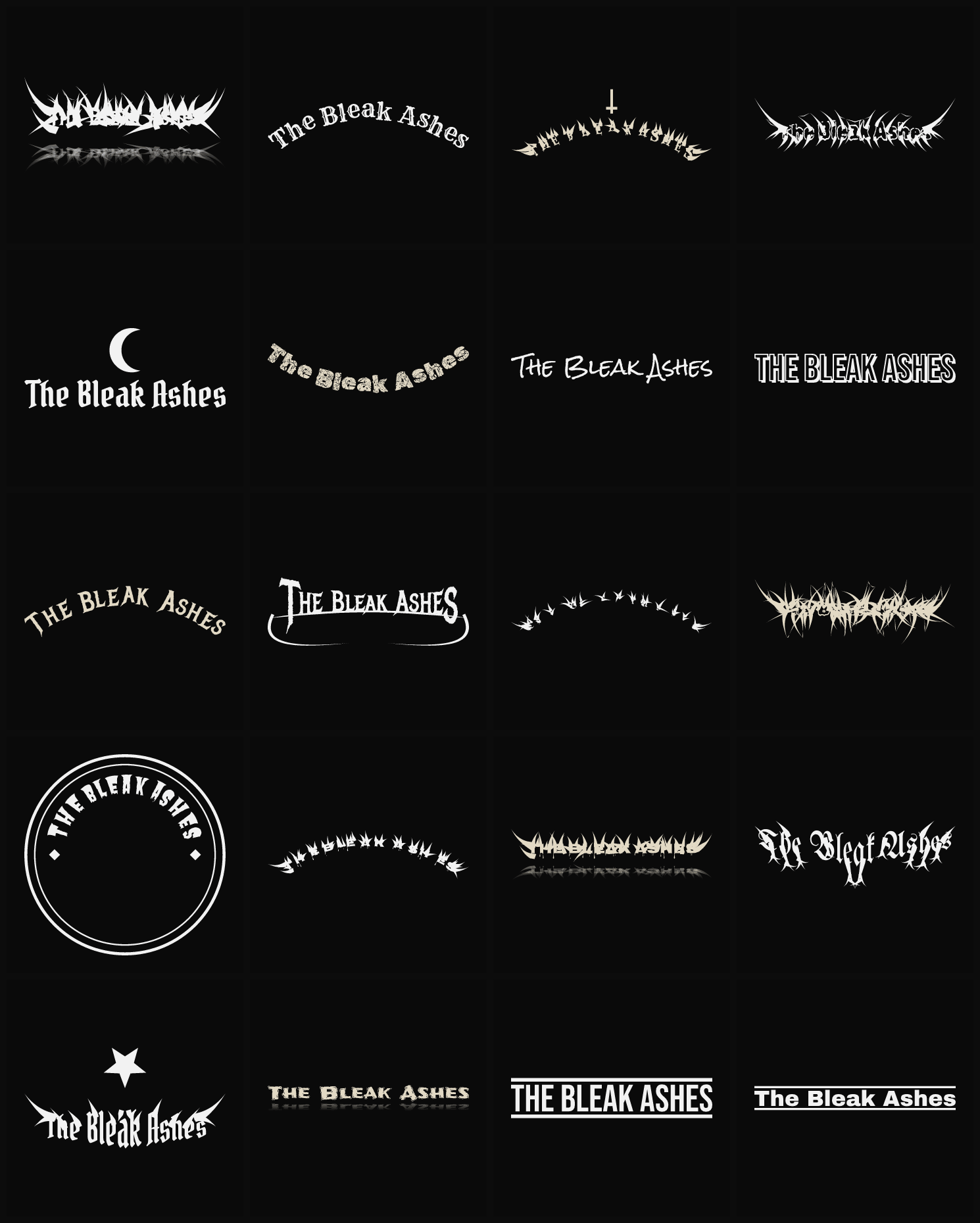 Twenty The Bleak Ashes band logo ideas — different faces, treatments and spike settings