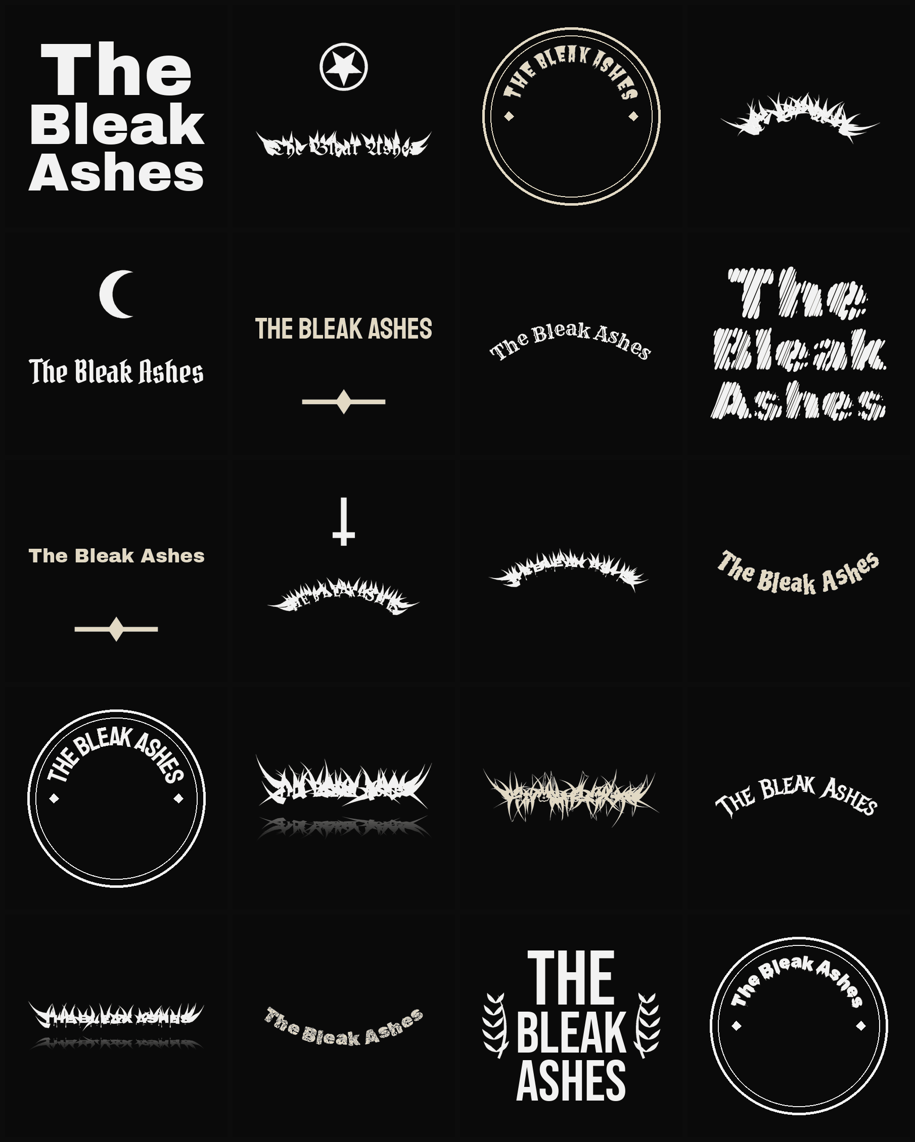 Twenty The Bleak Ashes band logo ideas — different faces, treatments and spike settings