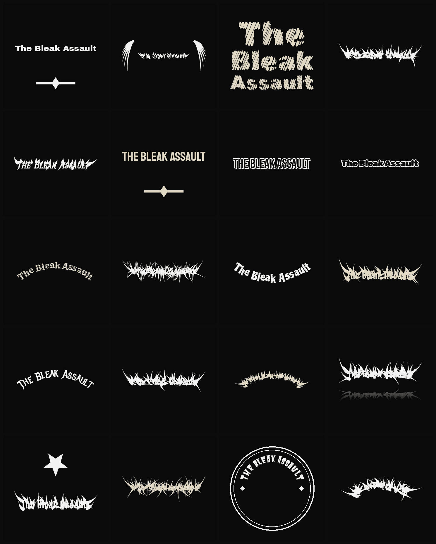 Twenty The Bleak Assault band logo ideas — different faces, treatments and spike settings
