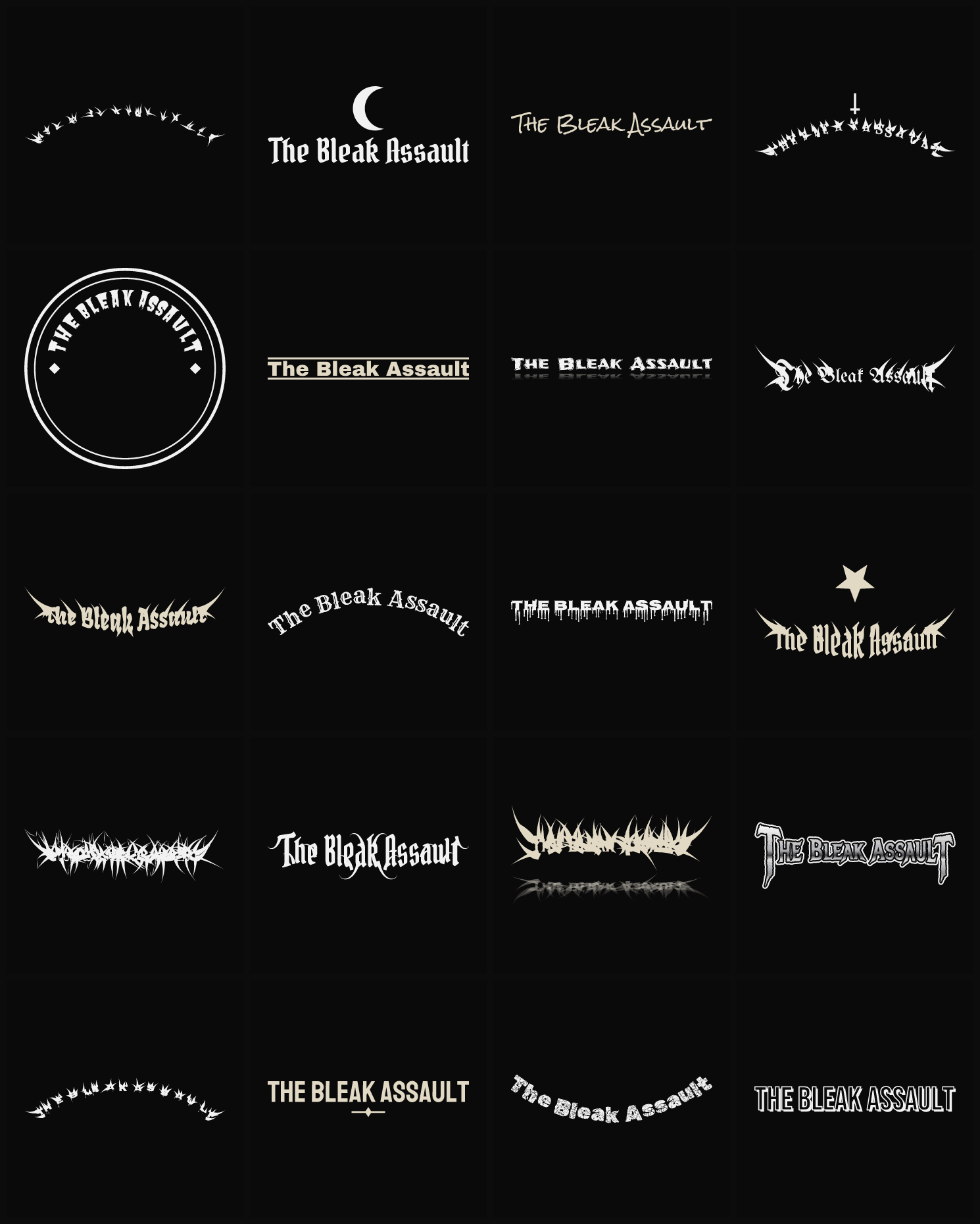 Twenty The Bleak Assault band logo ideas — different faces, treatments and spike settings