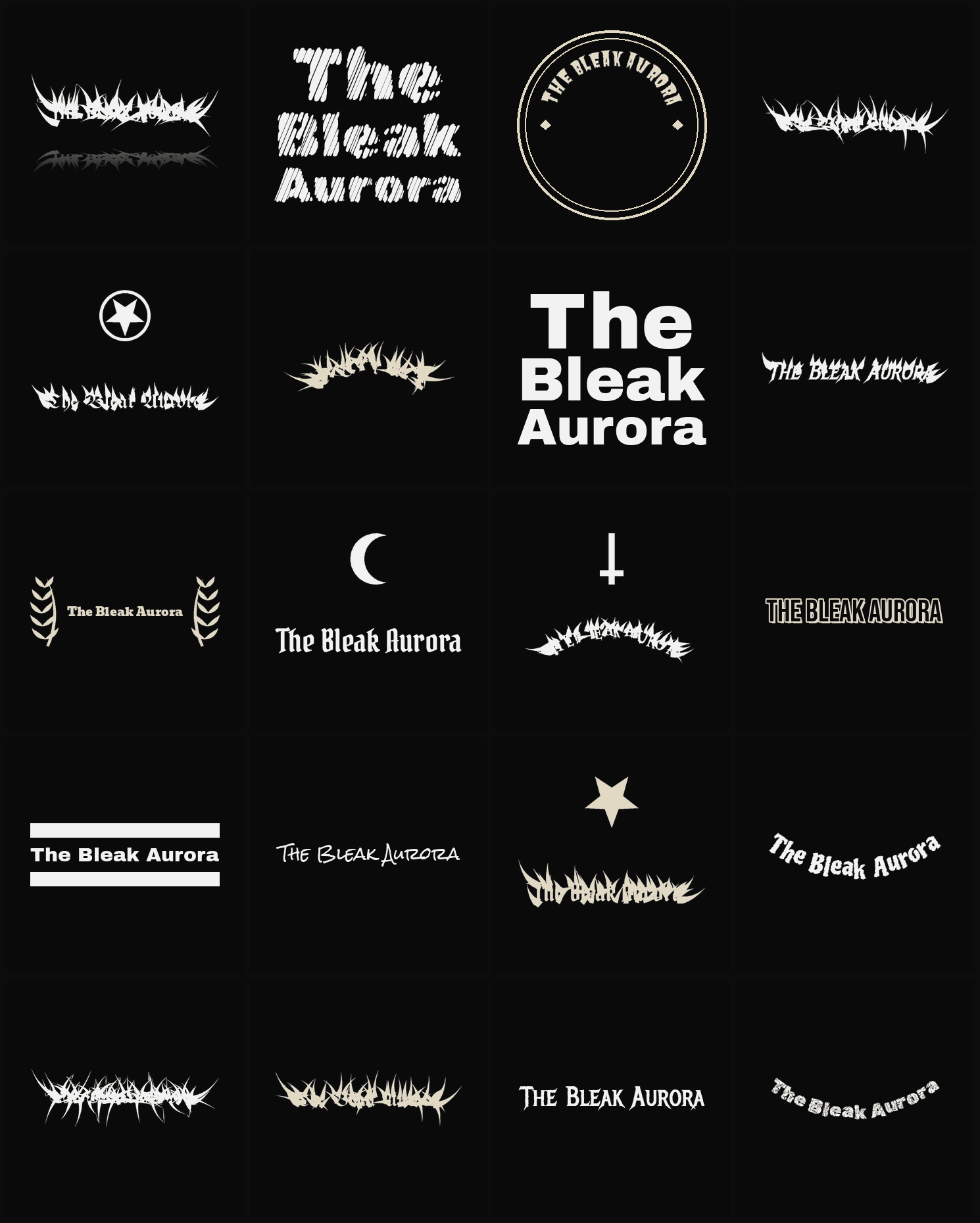 Twenty The Bleak Aurora band logo ideas — different faces, treatments and spike settings