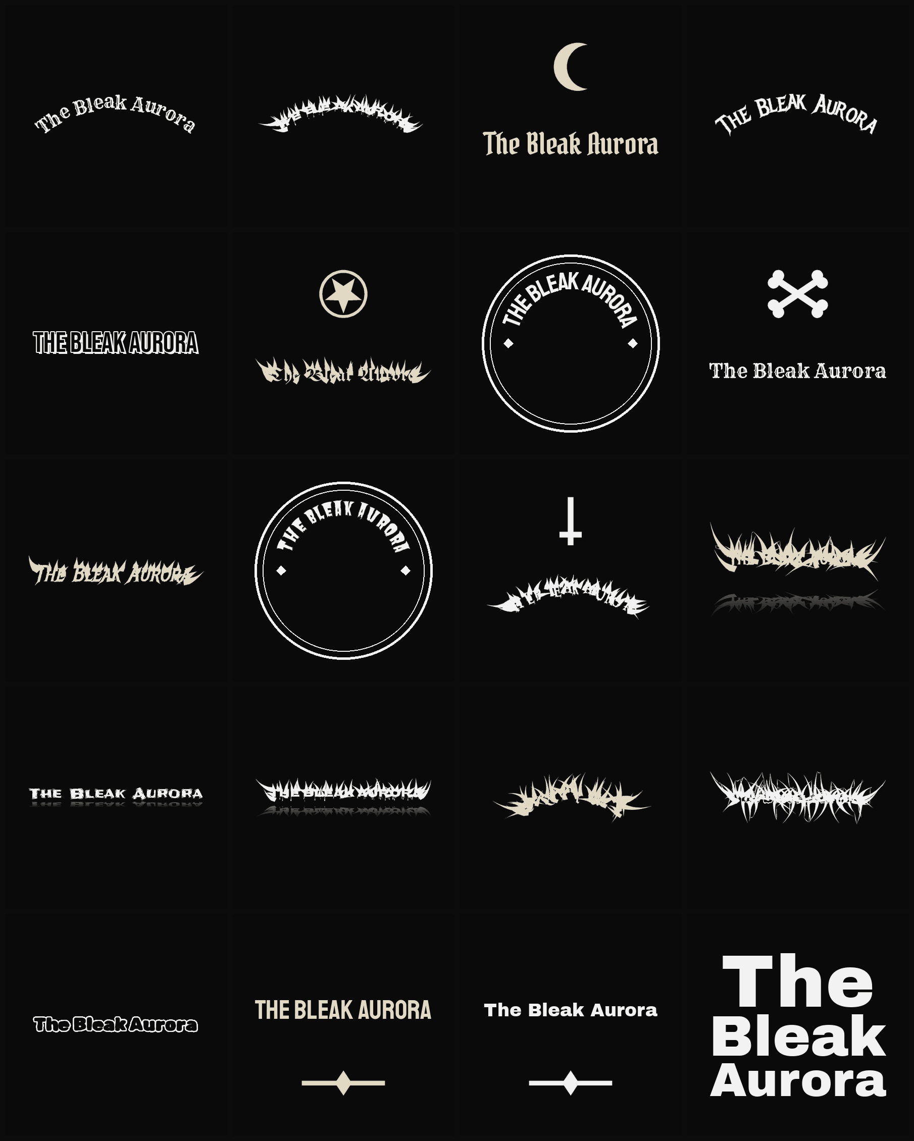 Twenty The Bleak Aurora band logo ideas — different faces, treatments and spike settings