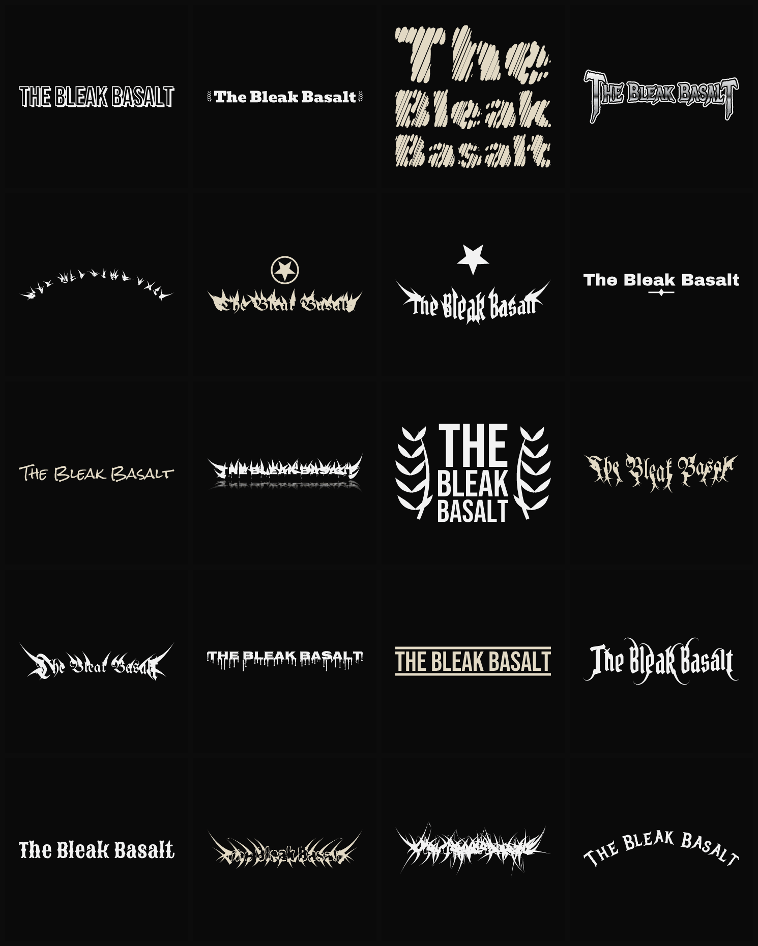 Twenty The Bleak Basalt band logo ideas — different faces, treatments and spike settings