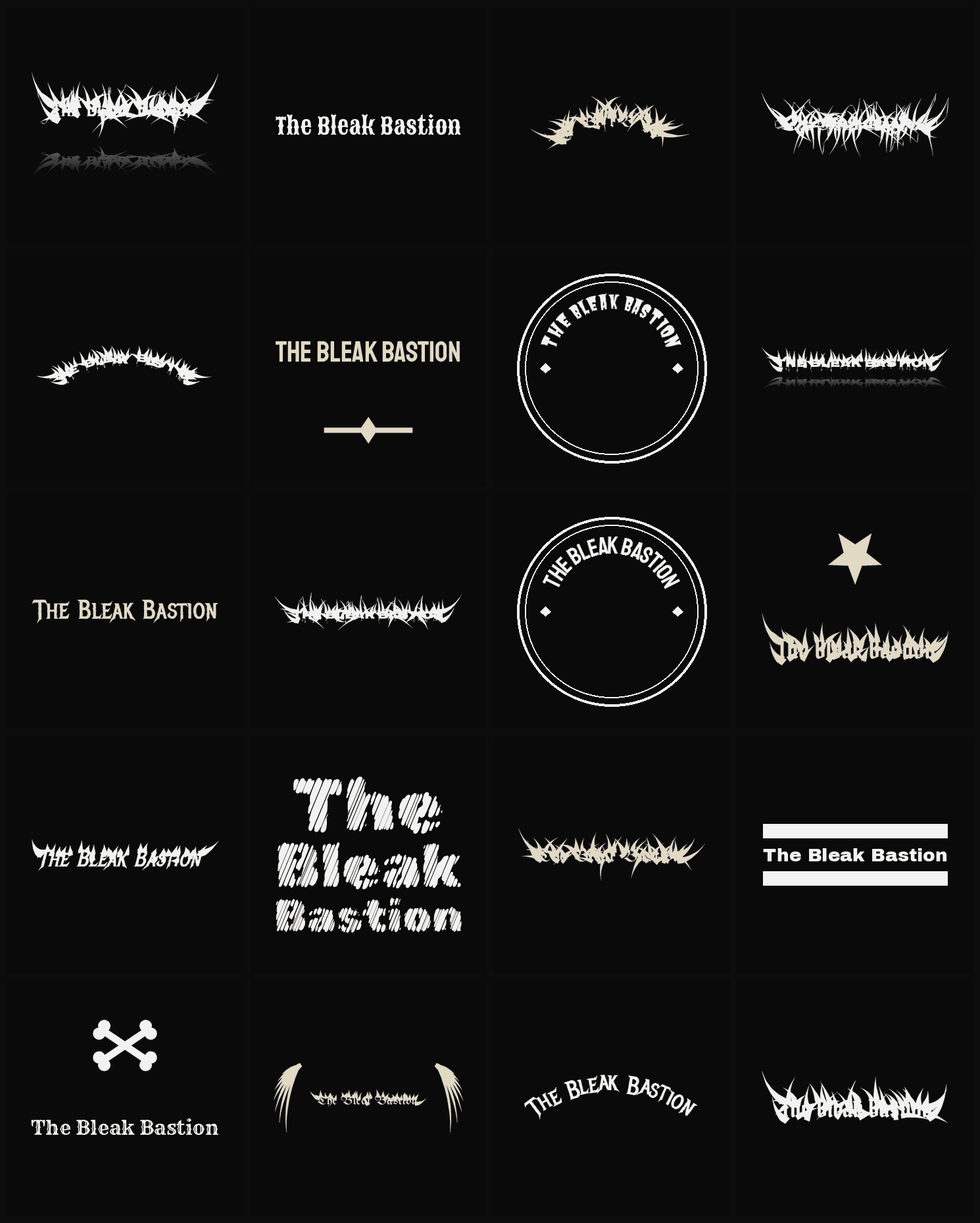 Twenty The Bleak Bastion band logo ideas — different faces, treatments and spike settings