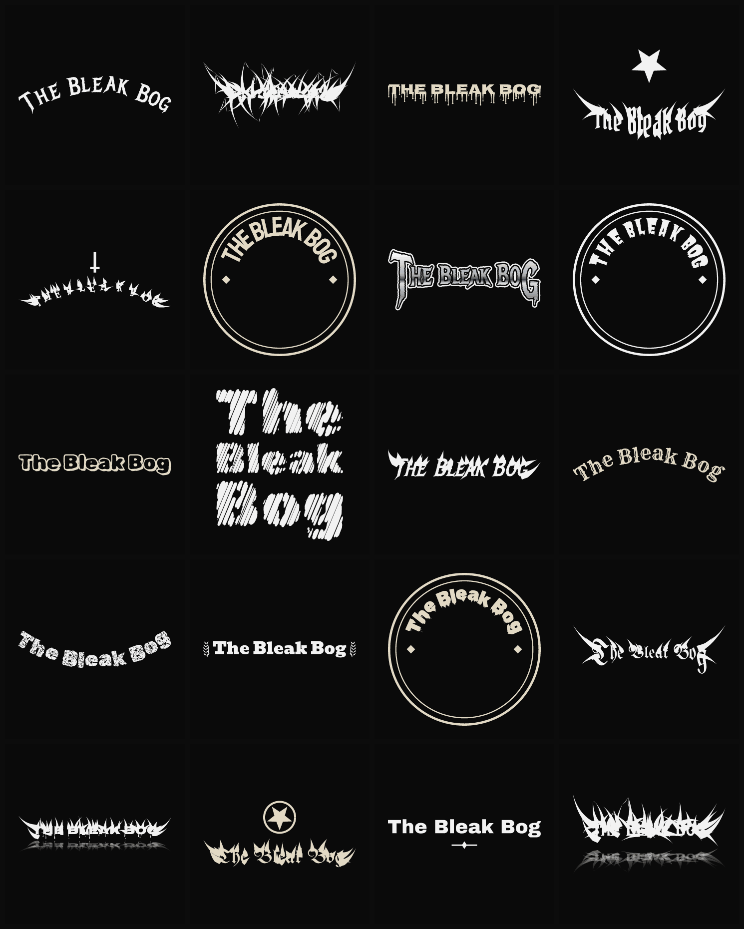 Twenty The Bleak Bog band logo ideas — different faces, treatments and spike settings