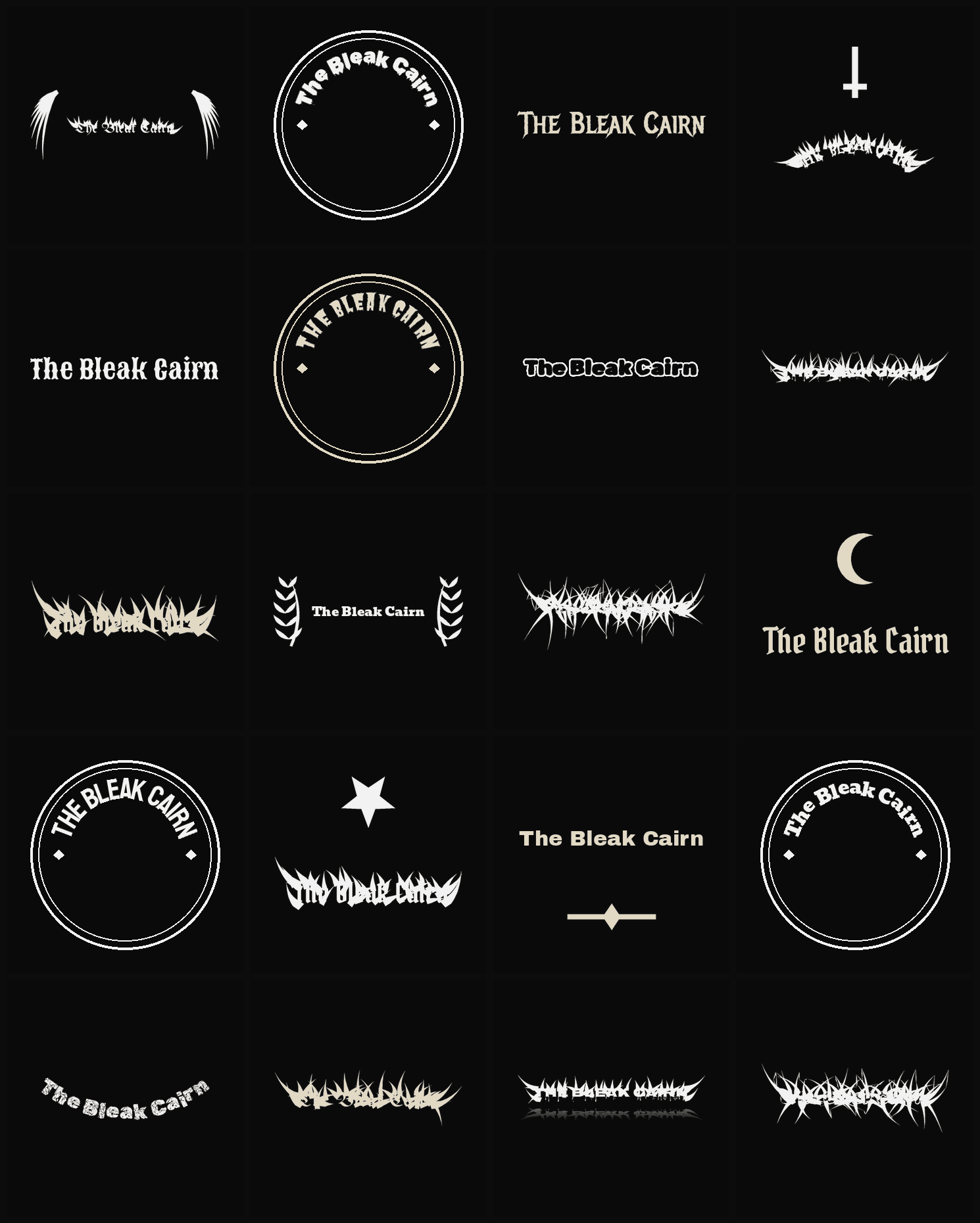 Twenty The Bleak Cairn band logo ideas — different faces, treatments and spike settings