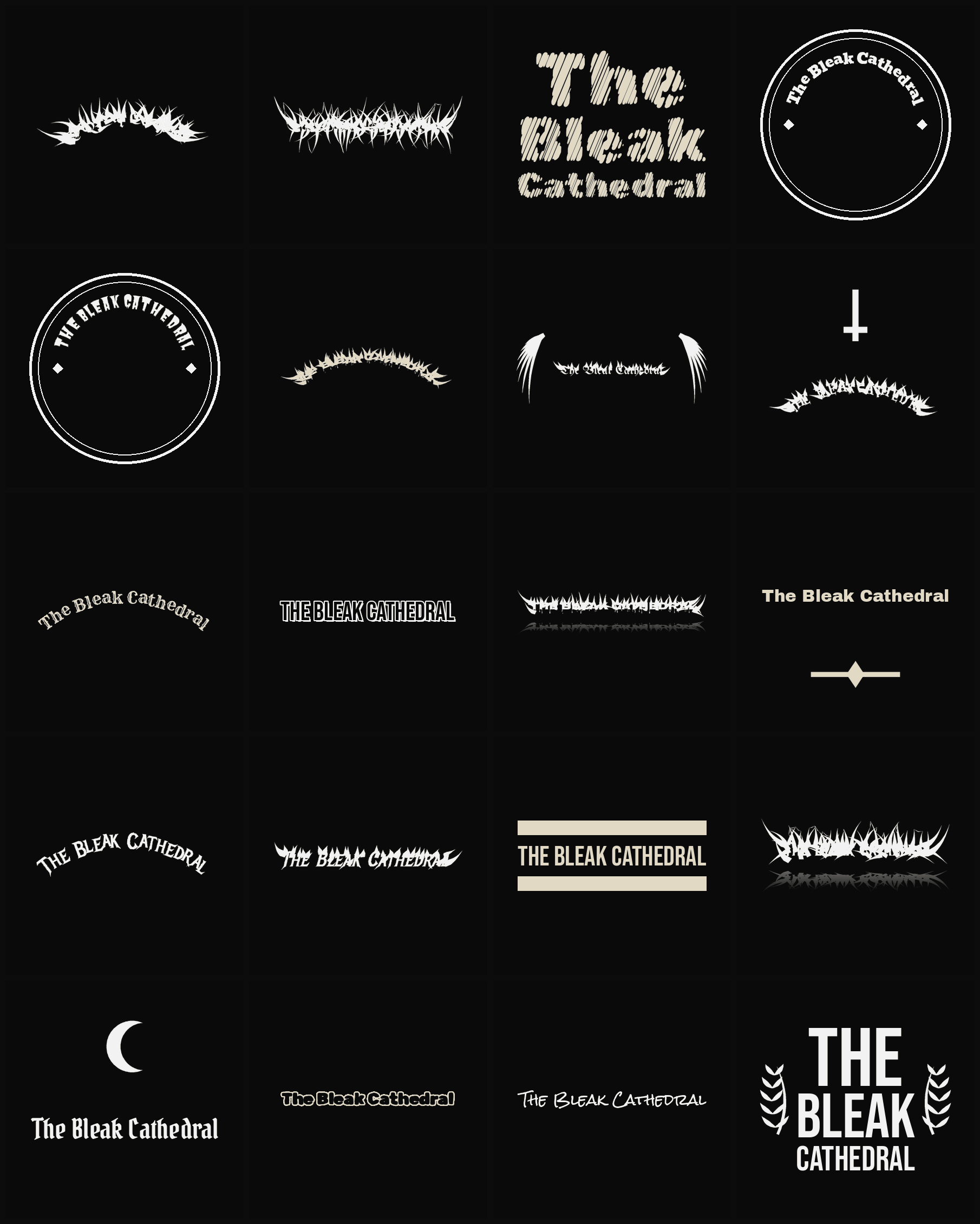 Twenty The Bleak Cathedral band logo ideas — different faces, treatments and spike settings