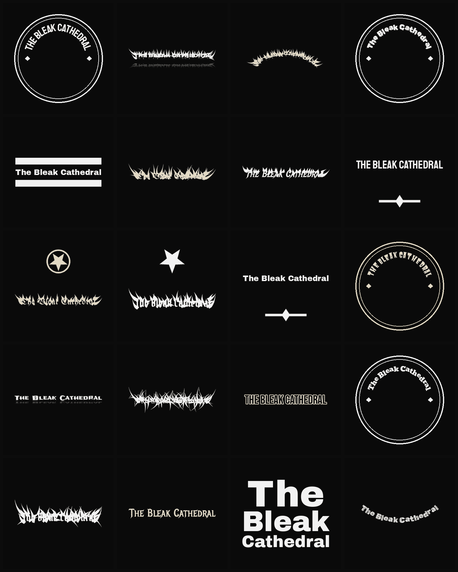 Twenty The Bleak Cathedral band logo ideas — different faces, treatments and spike settings