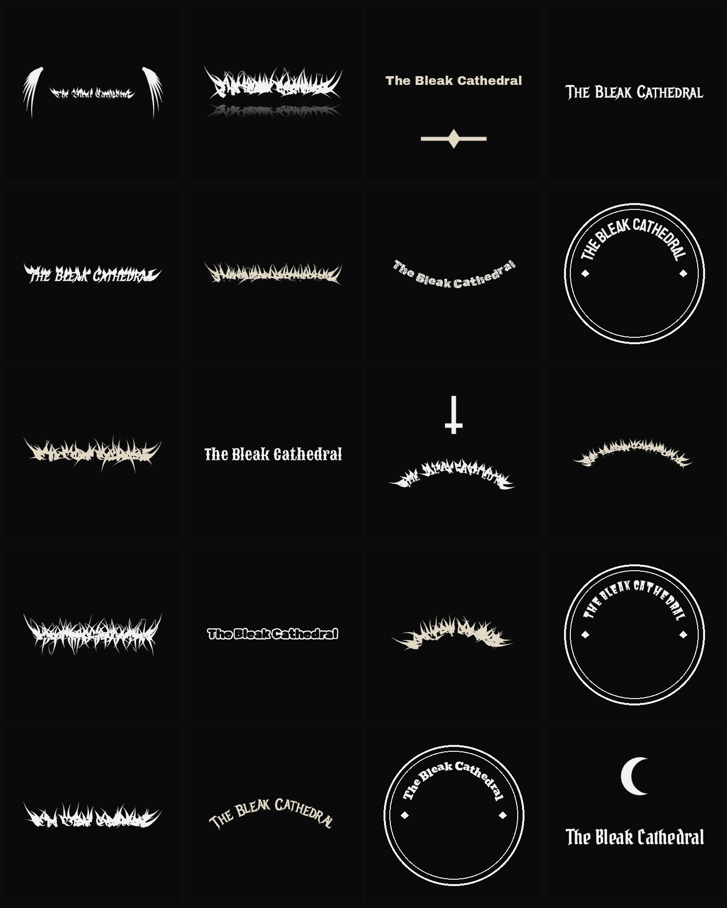 Twenty The Bleak Cathedral band logo ideas — different faces, treatments and spike settings