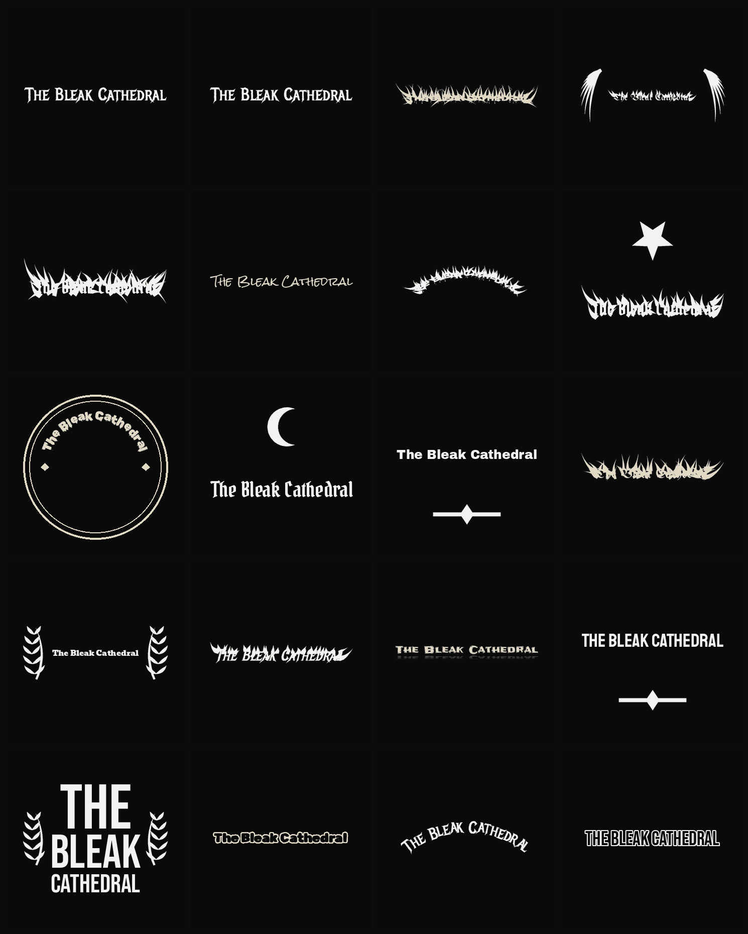 Twenty The Bleak Cathedral band logo ideas — different faces, treatments and spike settings