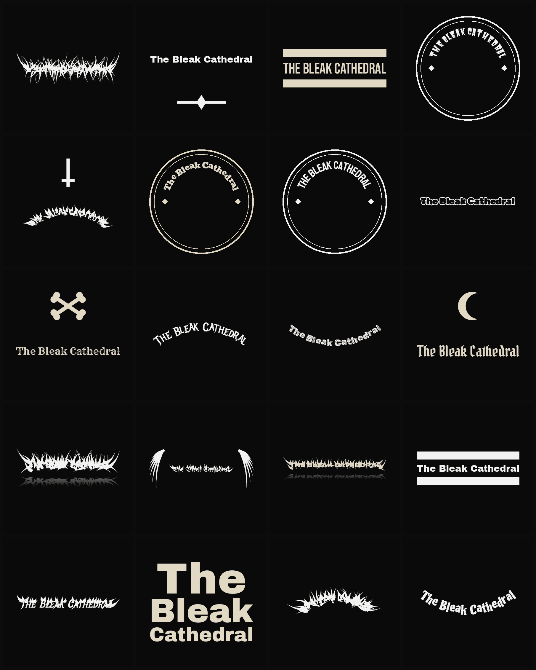 Twenty The Bleak Cathedral band logo ideas — different faces, treatments and spike settings