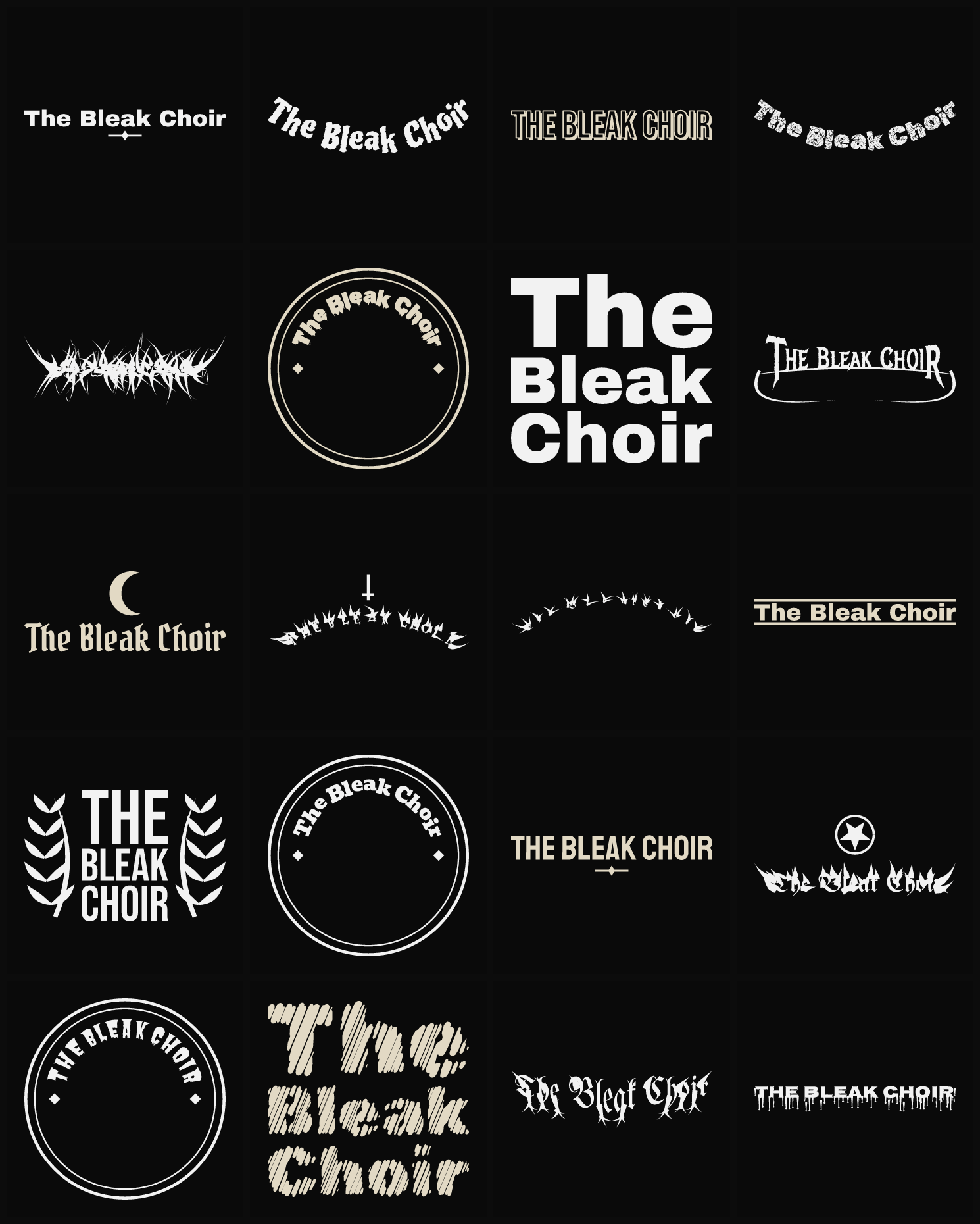 Twenty The Bleak Choir band logo ideas — different faces, treatments and spike settings